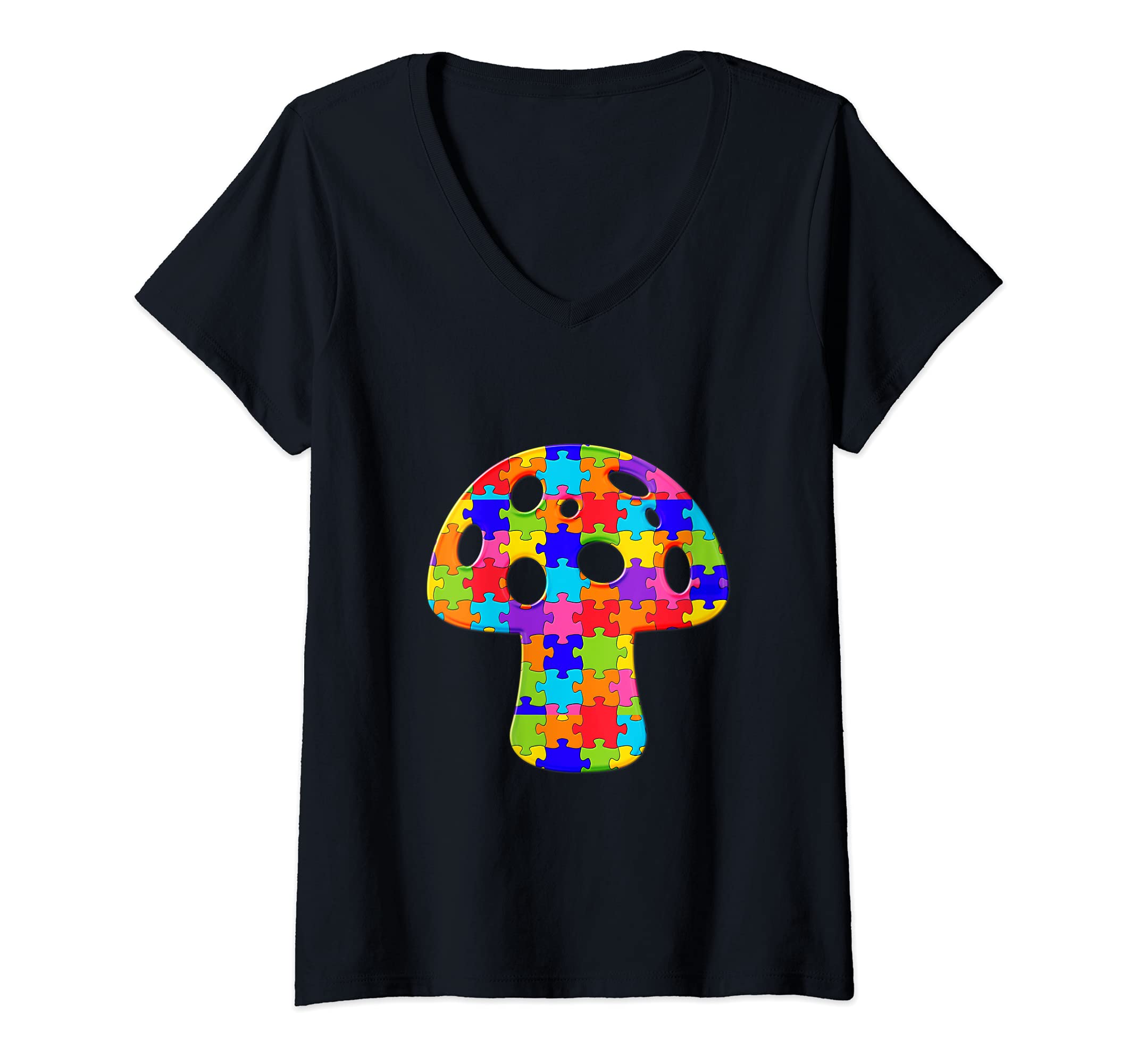 Womens Mushroom boletus edulis Jigsaw Autism Puzzle V-Neck T-Shirt