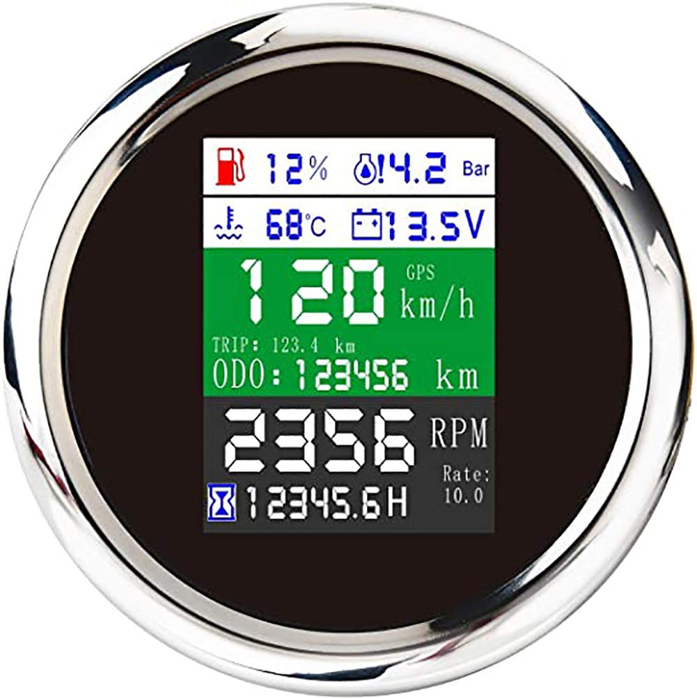 KAOLALI Adjustable GPS Speedometer Multi-Functional 6-in-1 Digital Gauge Tachometer Voltmeter Oil Pressure Fuel Level Water Temp 0~10Bar Oil Pressure with Alarm 85mm 9-32V