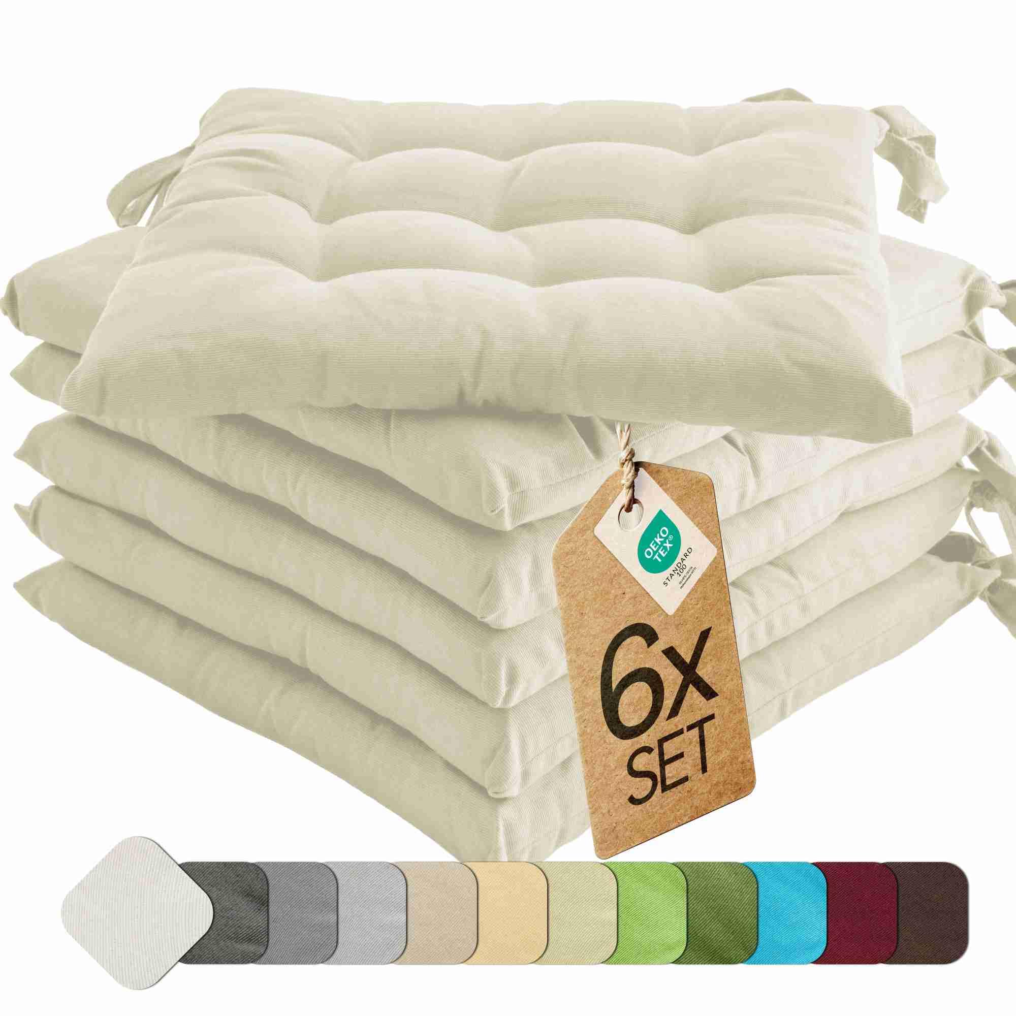 etérea Coussin de Chaise 40x40 cm Crème – Galette avec Liens, Mousse Indéformable, Intérieur & Extérieur, Lot de 6 pour Chaise de Jardin, Salle à Manger & Banc