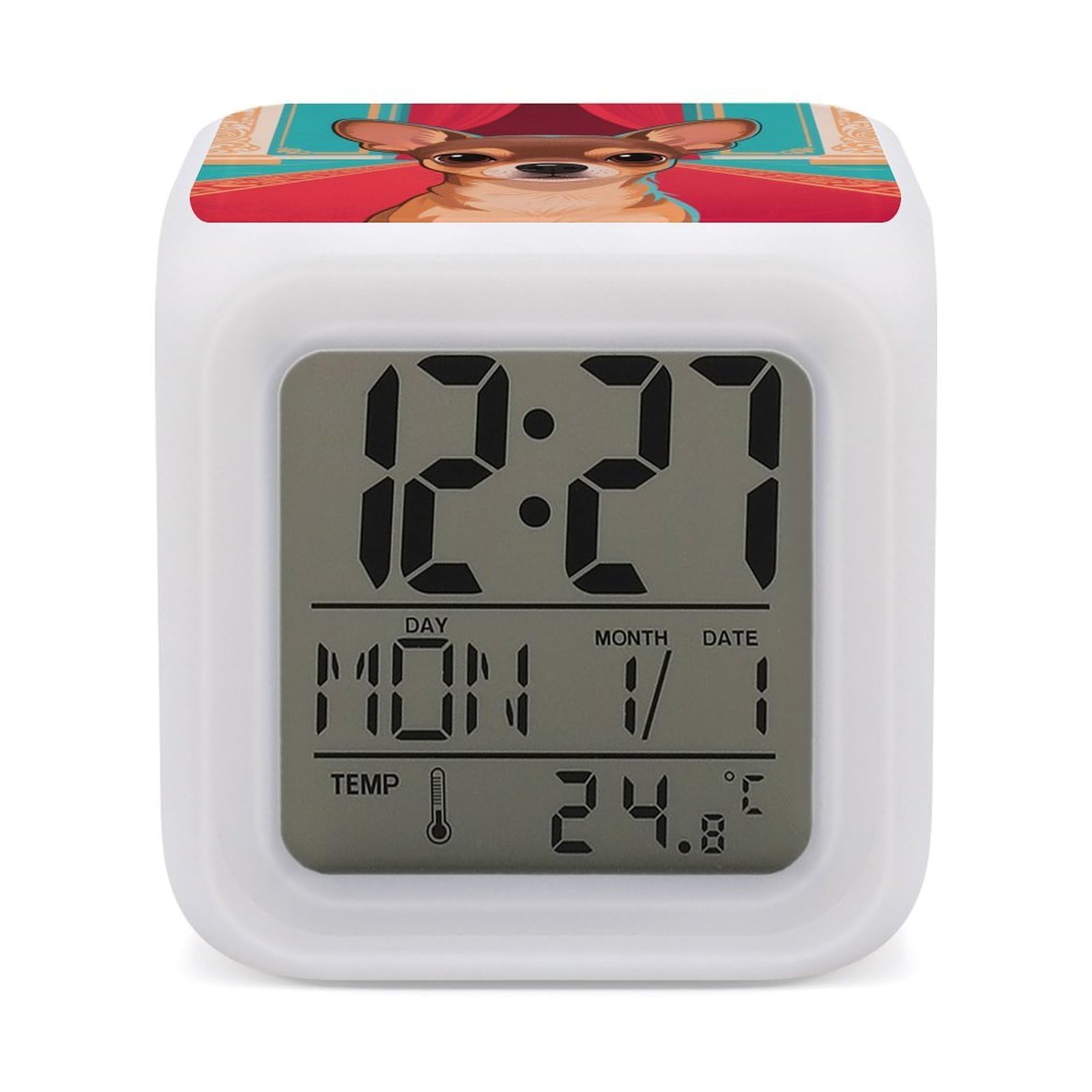 VstaDank Chihuahua Alarm Clock with Date Temperature Large LED Display Number Clocks with 7 Colors Changing Desk Clock Battery Operated Digital Clocks with Date for Heavy Sleepers