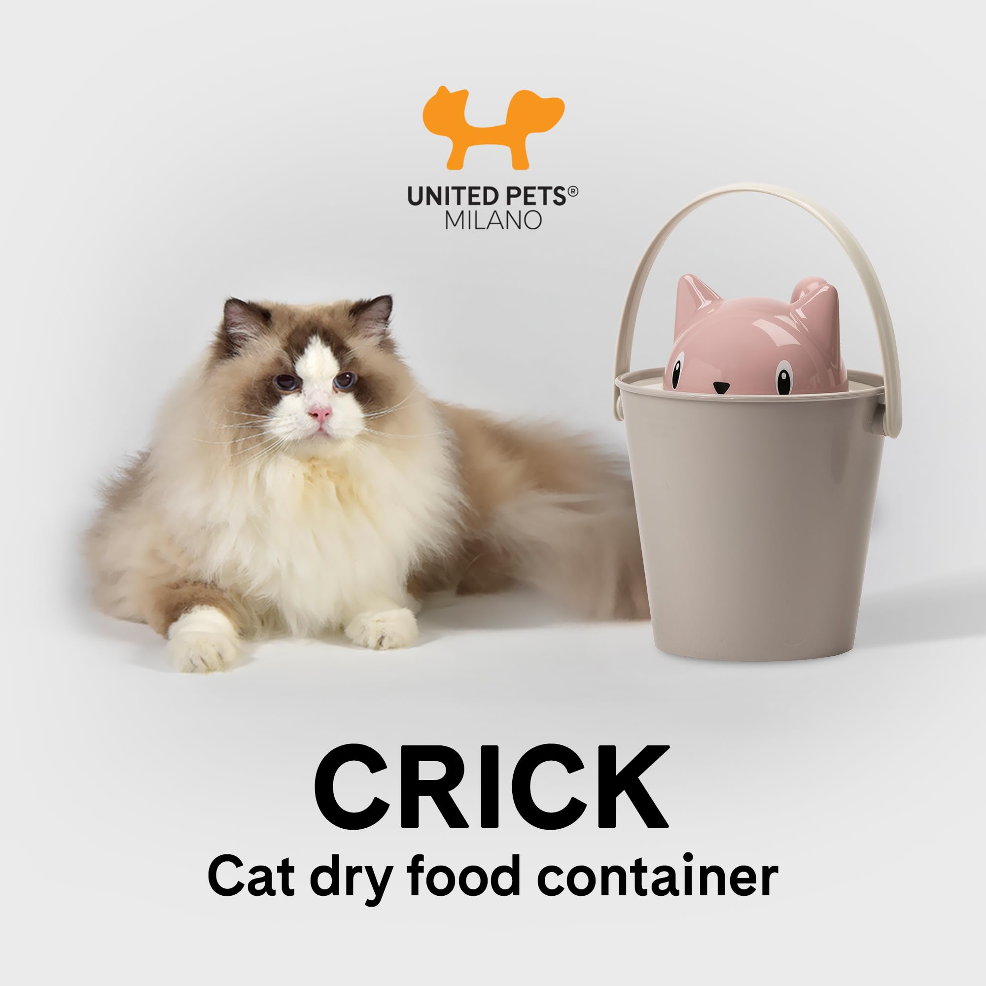 United Pets Crick pojemnik na karmę dla kotów, Made in Italy, różowy/szary, z łopatką do karmy, projektant: Stefano Giovannoni. Pojemnik na karmę dla kotów - rozmiar uniwersalny