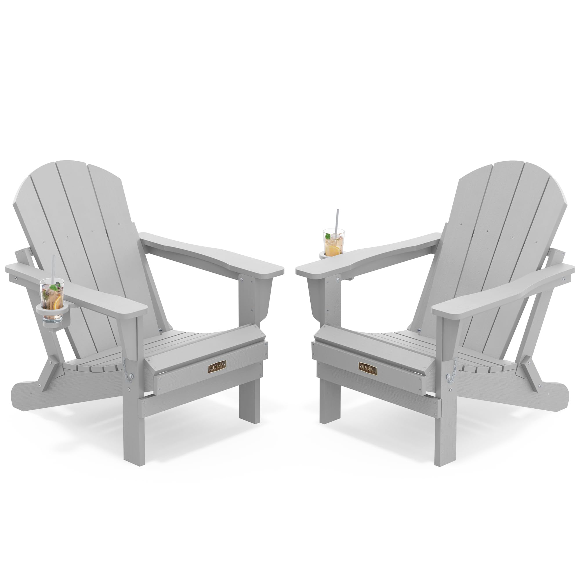 SERWALL Patio Folding Adirondack Chair Set of 2 with Cup Holder -Light Grey