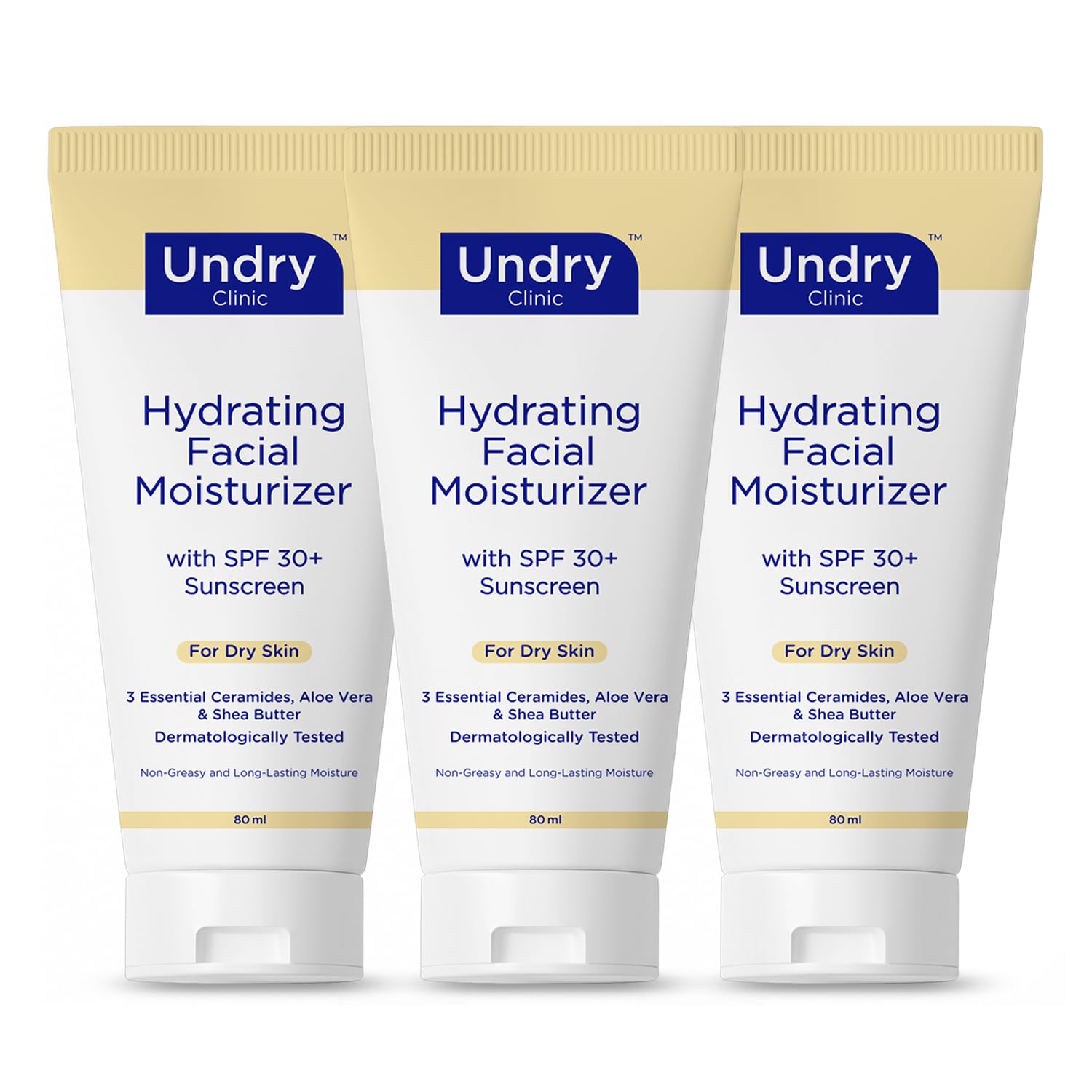 Undry Hydrating Facial Moisturizer with SPF 30+ | 3 Essential Ceramides, Aloe Vera & Shea Butter | Dermatologically Tested Daily Moisture for Dry Skin | 80ml Each (Pack of 3)