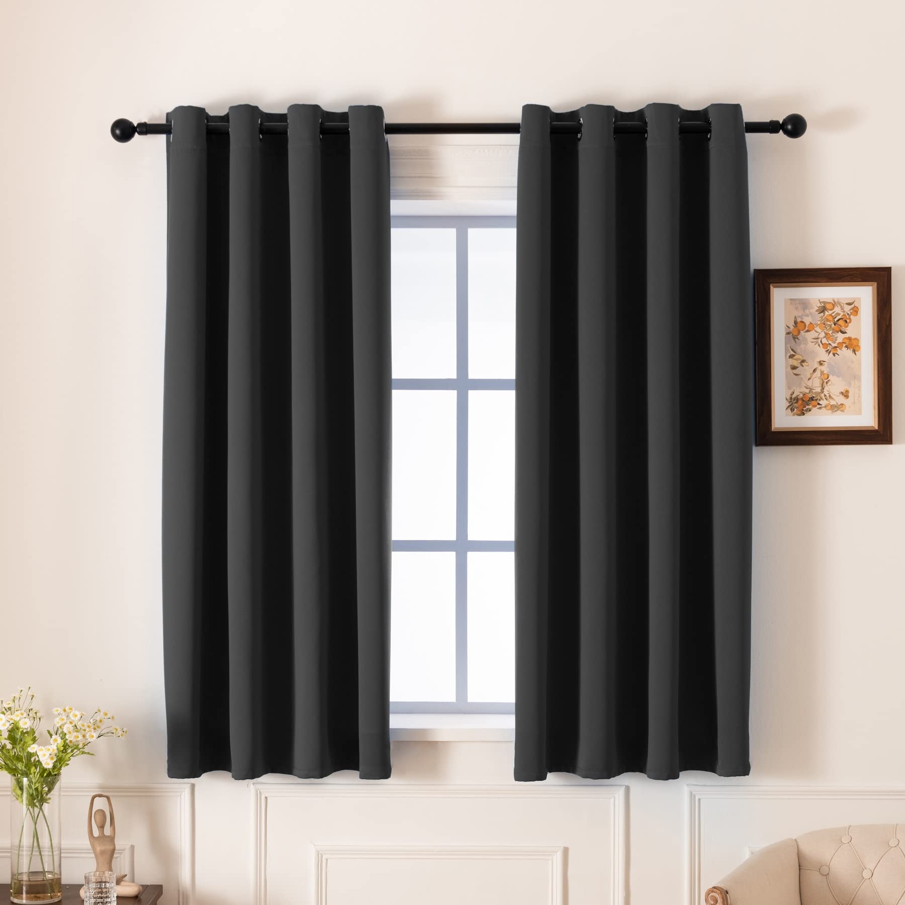 Pickluc Grey Blackout Curtains with Grommet 63 Inches Long 2 Panels Set, Light Blocking Window Drapes for Living Room, Thermal Insulated, Noise