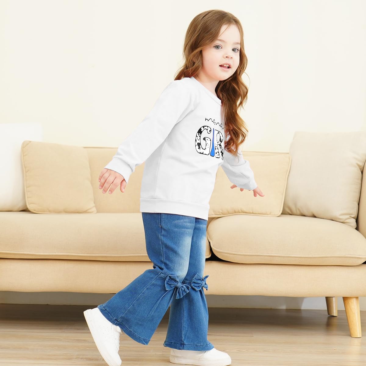 Ropa de niña de manga larga con estampado de dibujos animados y letras + pantalones acampanados con estampado de papelería de frutas