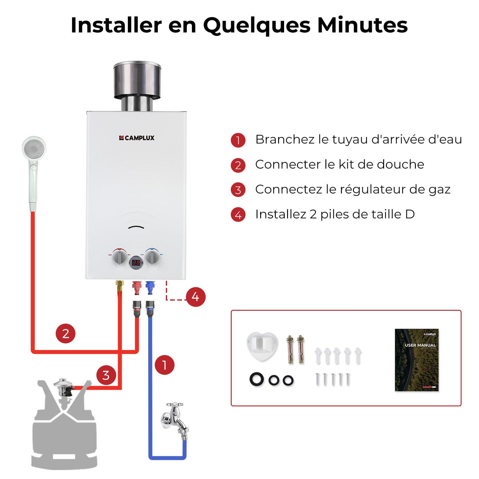 CAMPLUX BW264C 10 Litres Chauffe-eau à Gaz, Butane (28-30 mbar)/ Propane (37 mbar), avec Couvercle de Pluie, pour le Camping/RV