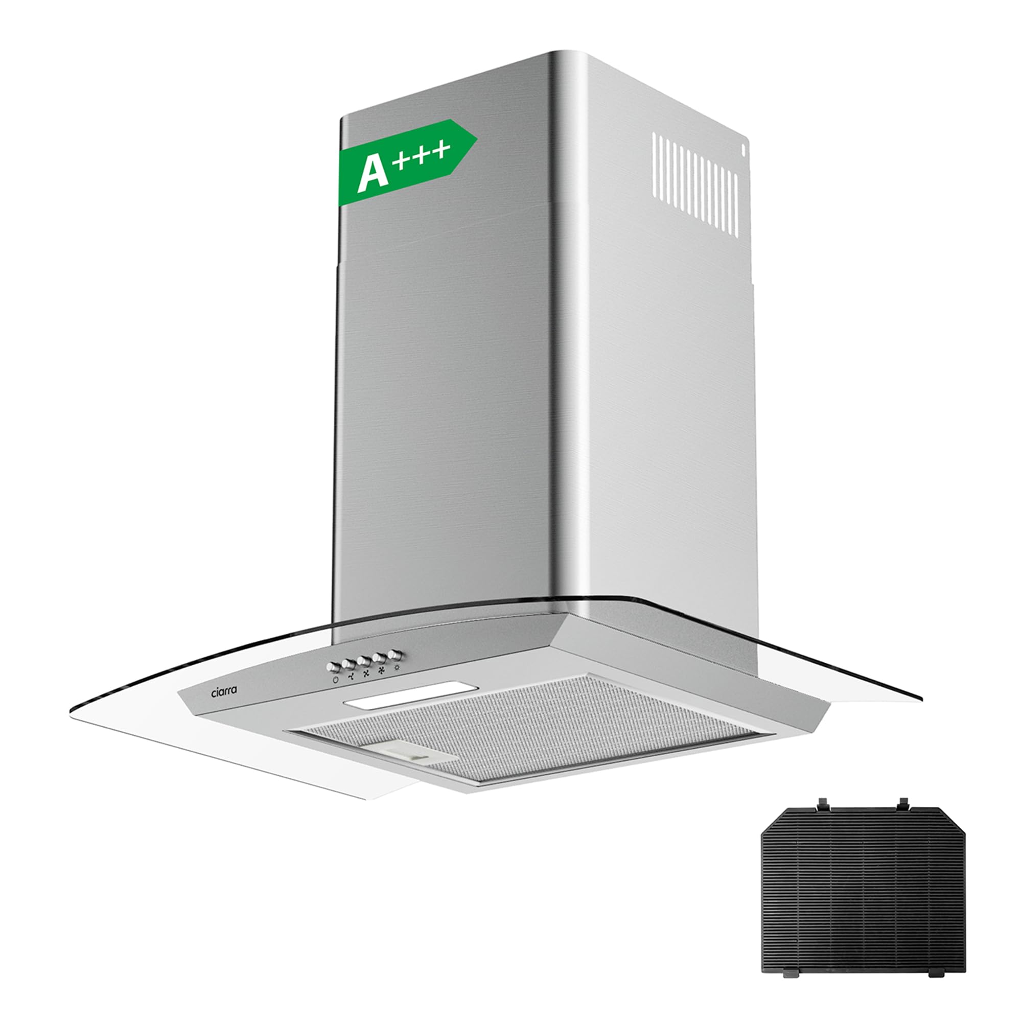 CIARRA CBCS6506B Campana Extractora Cristal 60- cm 650 m³/h Clase Amásmás 3 Velocidades-Evacuacióny Recirculación por Filtro de Carbón-Acero Inoxi, CBCF004