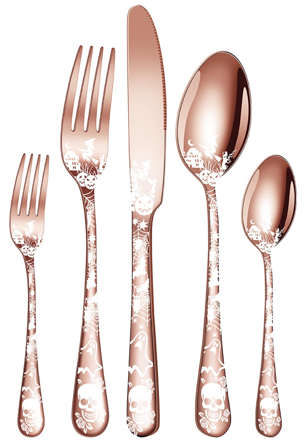 XIAOYU Ensemble D'argenterie Crâne Gothique 5 Pièces, Ensemble De Couverts Bizarre Halloween, Motif Unique De Fleur Squelette, Ensemble De Couverts
