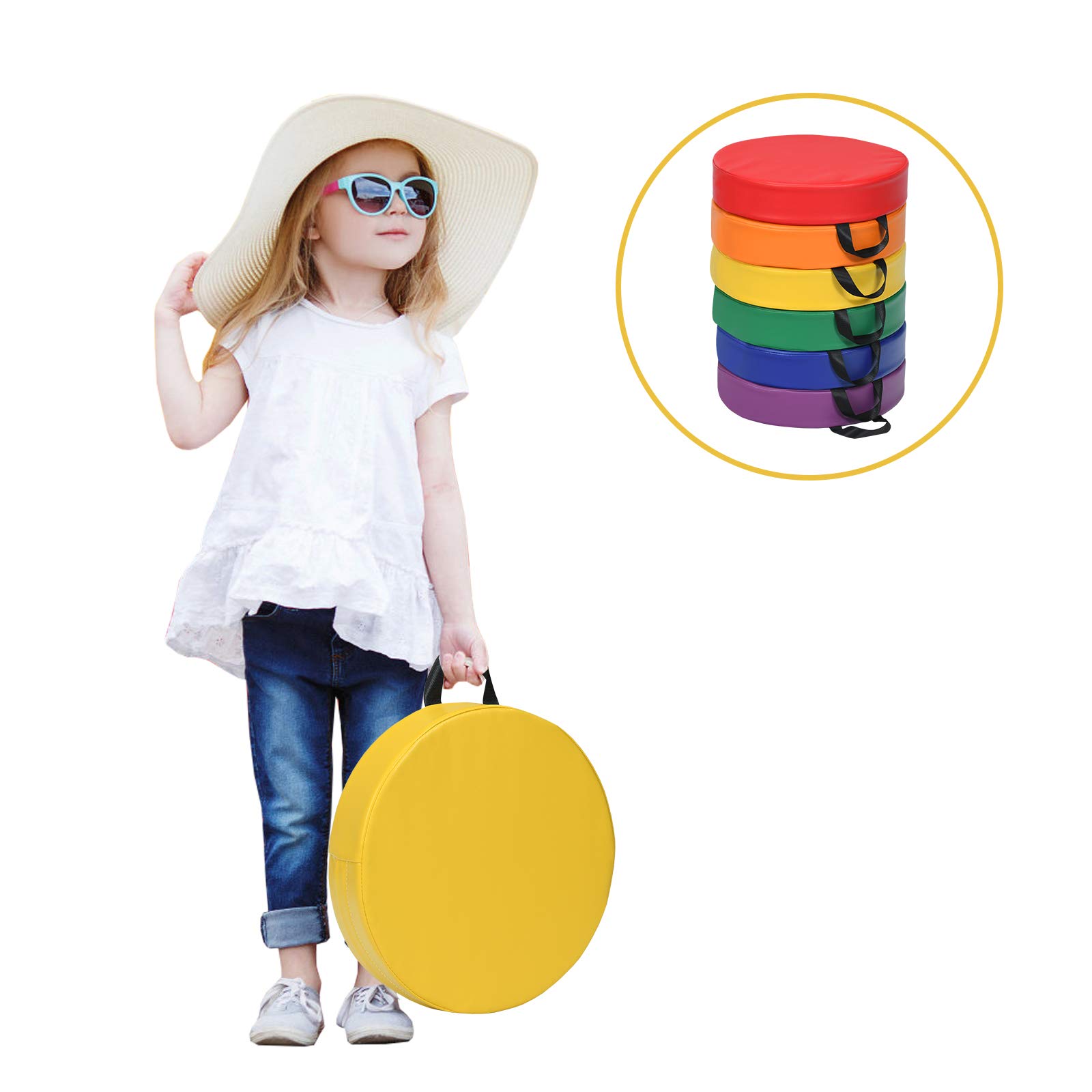GOPLUS 6er Set Kinder Stuhlkissen, Bodenkissen mit Griff, Sitzkissen aus Kunstleder & Schaumstoff, Pflegeleicht, Rund/Rechteckig, Stapelbar für Leichtes Verstauen, bunt in 6 Farben (Rund)