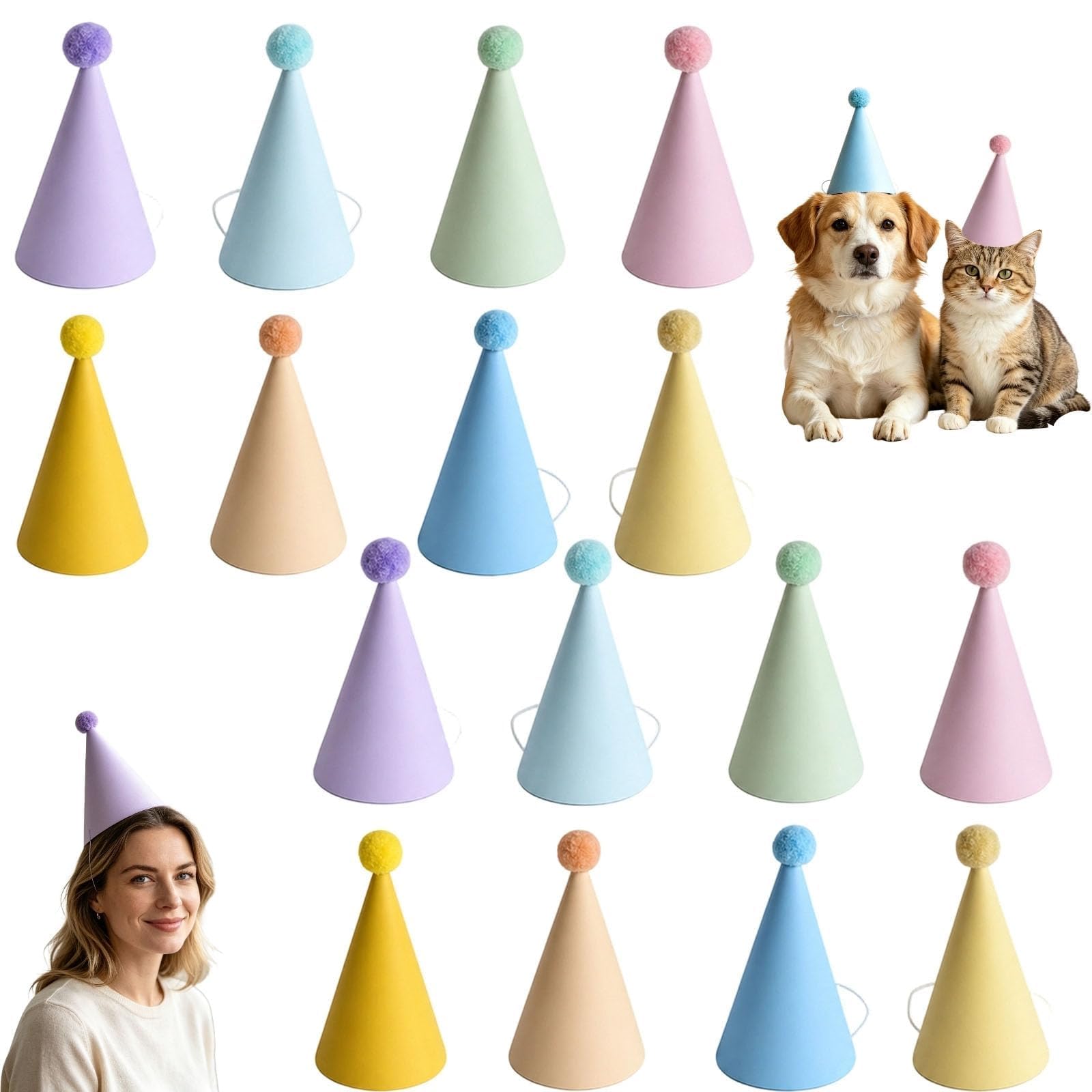 Bodeshis 16 Pcs Party Hats, Party Hats For Teddys, Birthday Hat，Colourful Cone Hats for Themed Celebrations, Photo Booth Props and Pet Costume Events, Set of 16 Pcs Assorted Pastel Shade Cone Hat