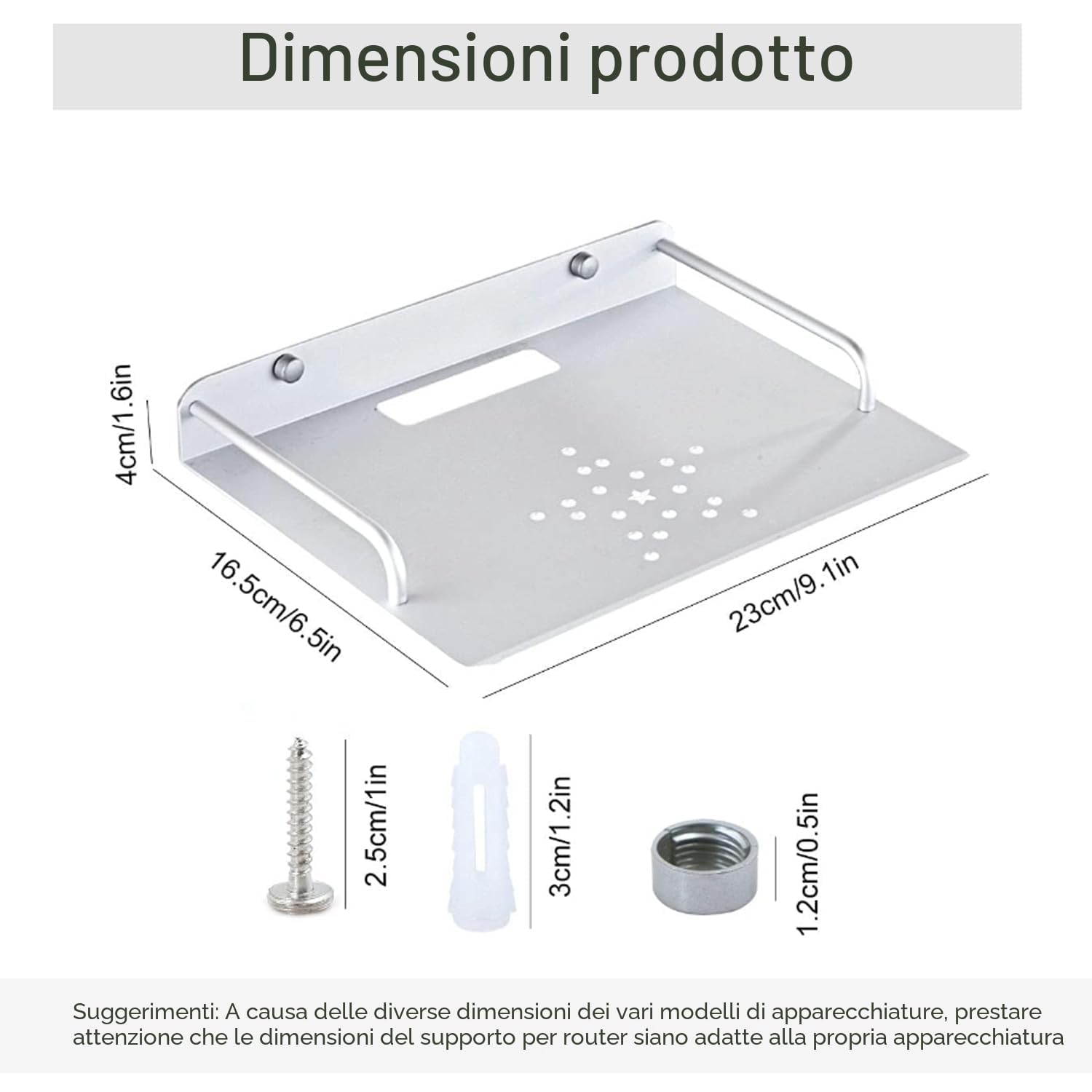 Supporto parete per router Rack – Ripiano in alluminio argentato montato a parete, 23 x 16 cm
