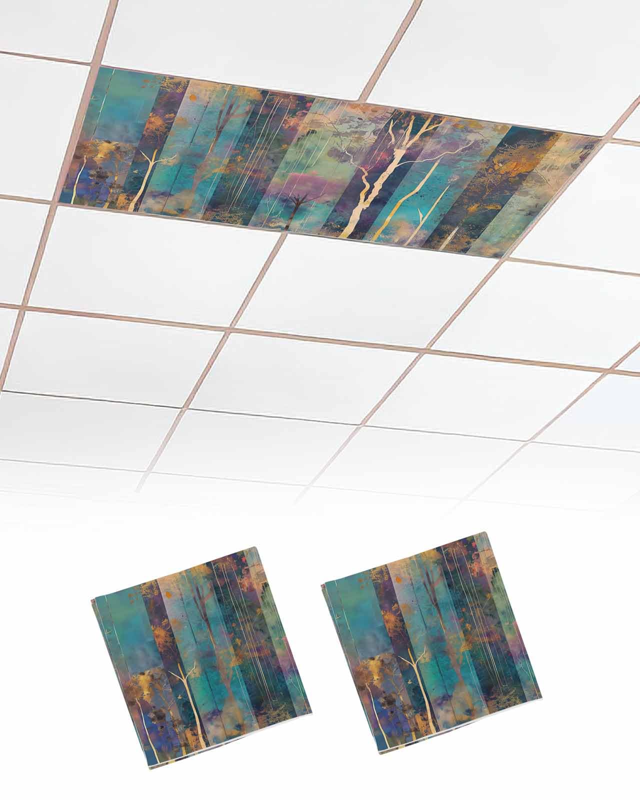 EwdeWwo Abstract 2 Pcs Fluorescent Light Covers for Ceiling Lights, Plant Trees Forest Oil Painting Magnetic Light Filters for Eliminate Harsh Glare Classroom Office Decoration, 4 x 2 Ft
