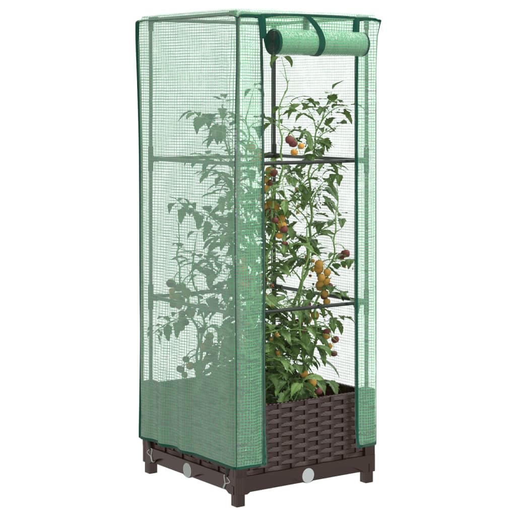 JHQHSM Raised Bed with Greenhouse Cover Rattan Look 40x40x123 cm, Polypropylene Planter Box with Sturdy Iron Frame and Water-Resistant Polyethylene Cover for Plants Vegetables Herbs
