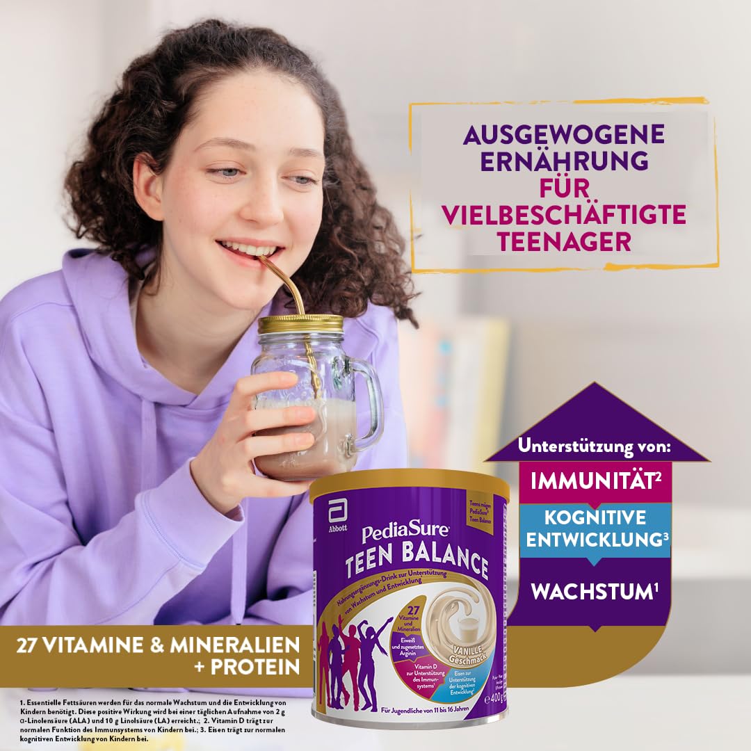 Pediasure Teenbalance Vanille 400g| leckerer Nahrungsergänzungsshake für Teens 11-16 Jahren| mit 27 Vitaminen & Mineralien, Protein| unterstüzt Wachstum, Entwicklung, Immunität (Packung mit 6)
