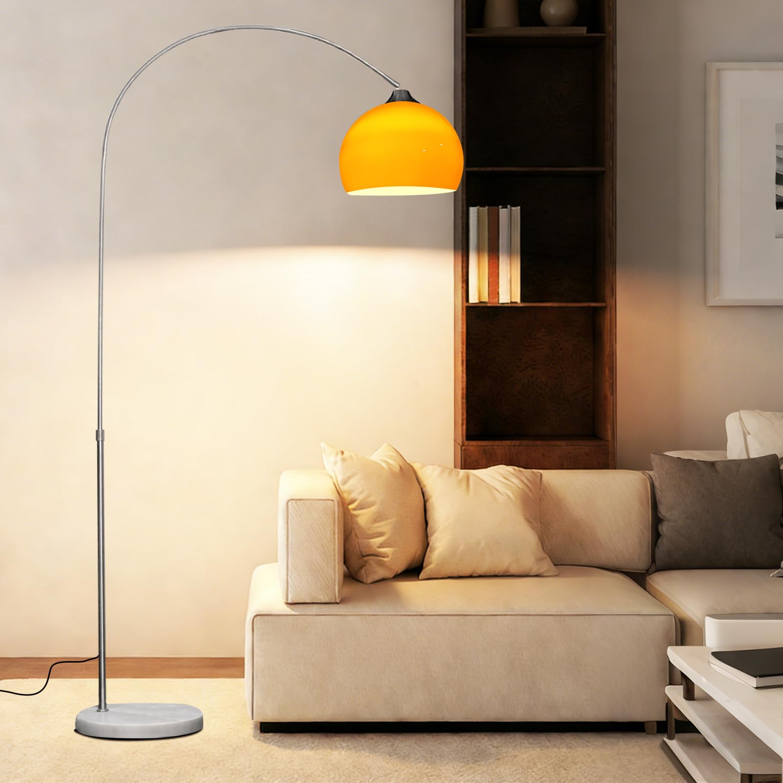 KlkrzJwy Mid Century Arc Floor Lamp Orange Adjustable Height Floor Lamp with Acrylic Globe Shade E27 Dimmable Standing Lamp Marble Base Tall Light for Living Room Bedroom Study(Includes Bulb)