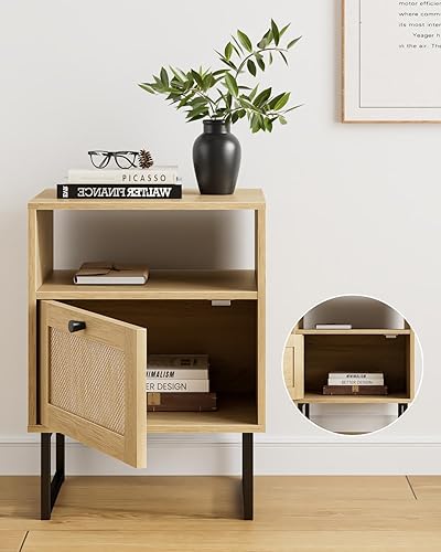 Miniatura 17 de Masupu Mesita de noche de ratán con estación de carga, moderna mesita de noche de madera bohemia con cajón de almacenamiento y estante abierto, mesa