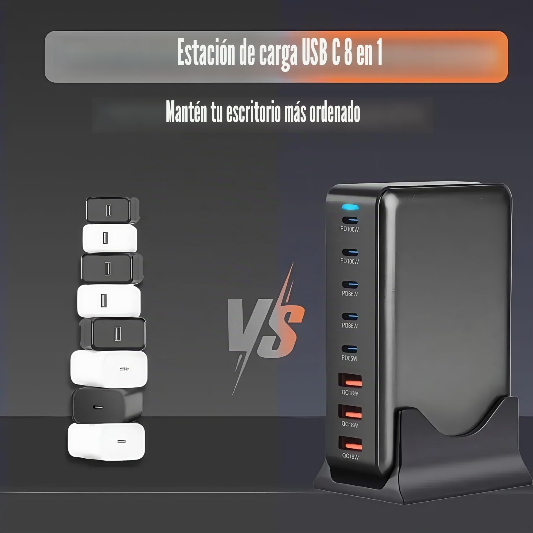 Cargador USB C de 440 W Fast Charger de 8 Puertos con Doble PD PPS de 100 W, Adaptador Tipo C 65W Carga Rápida Enchufe EU para MacBook Pro/Air/iPad, iPhone 16/15/14/13/12 Pro MAX, Pixel y Samsung
