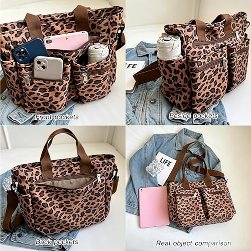 Image of Leopard Print Tote Bag for Women Everyday Work Cheetah Tote Canvas Shoulder Bag with Multiple Pockets for Travel Daily Use