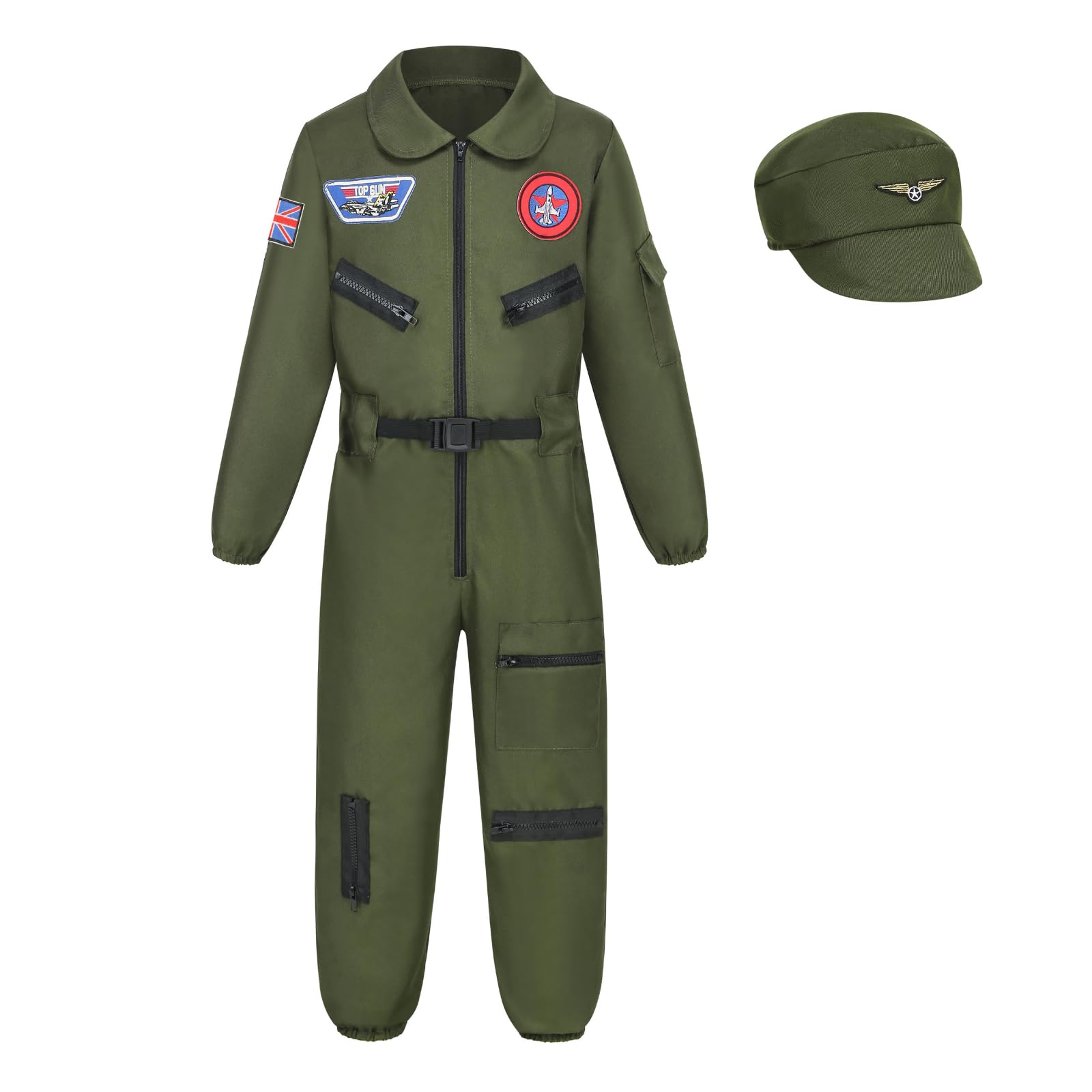 DELIVESS Pilot Costume for Boys Hat and Jumpsuit with British Armband Halloween Dress-Up Suit Fancy Dress (Dark Green, S)