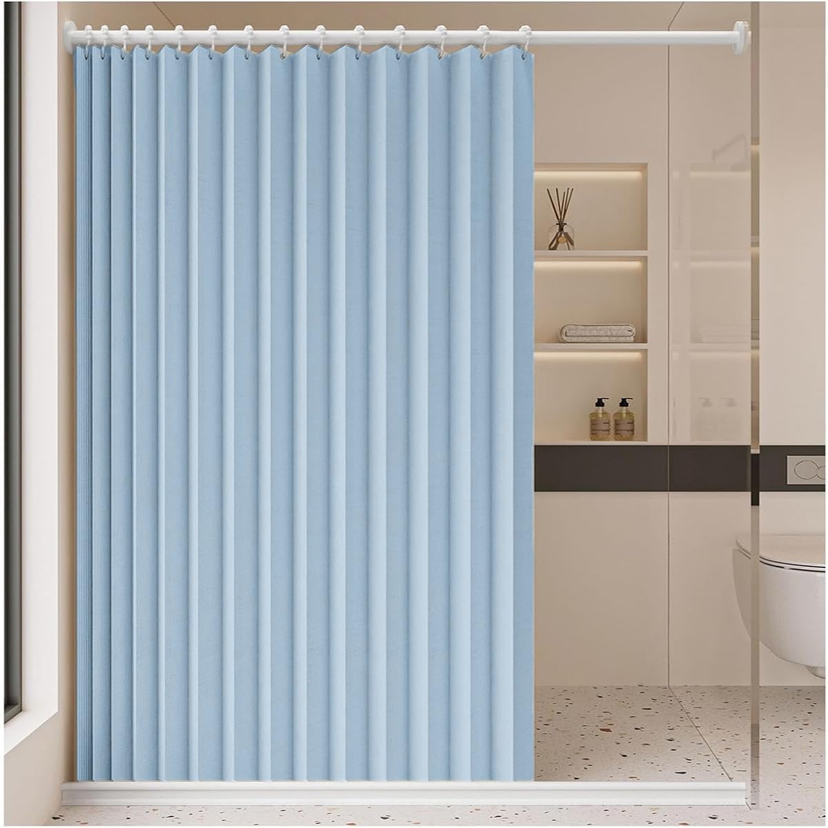 Single tree forest Magnetic waterproof foldable shower curtain, protect privacy, suitable for home partitions, bathrooms.- W160xH220cm-Sky Blue — image 1