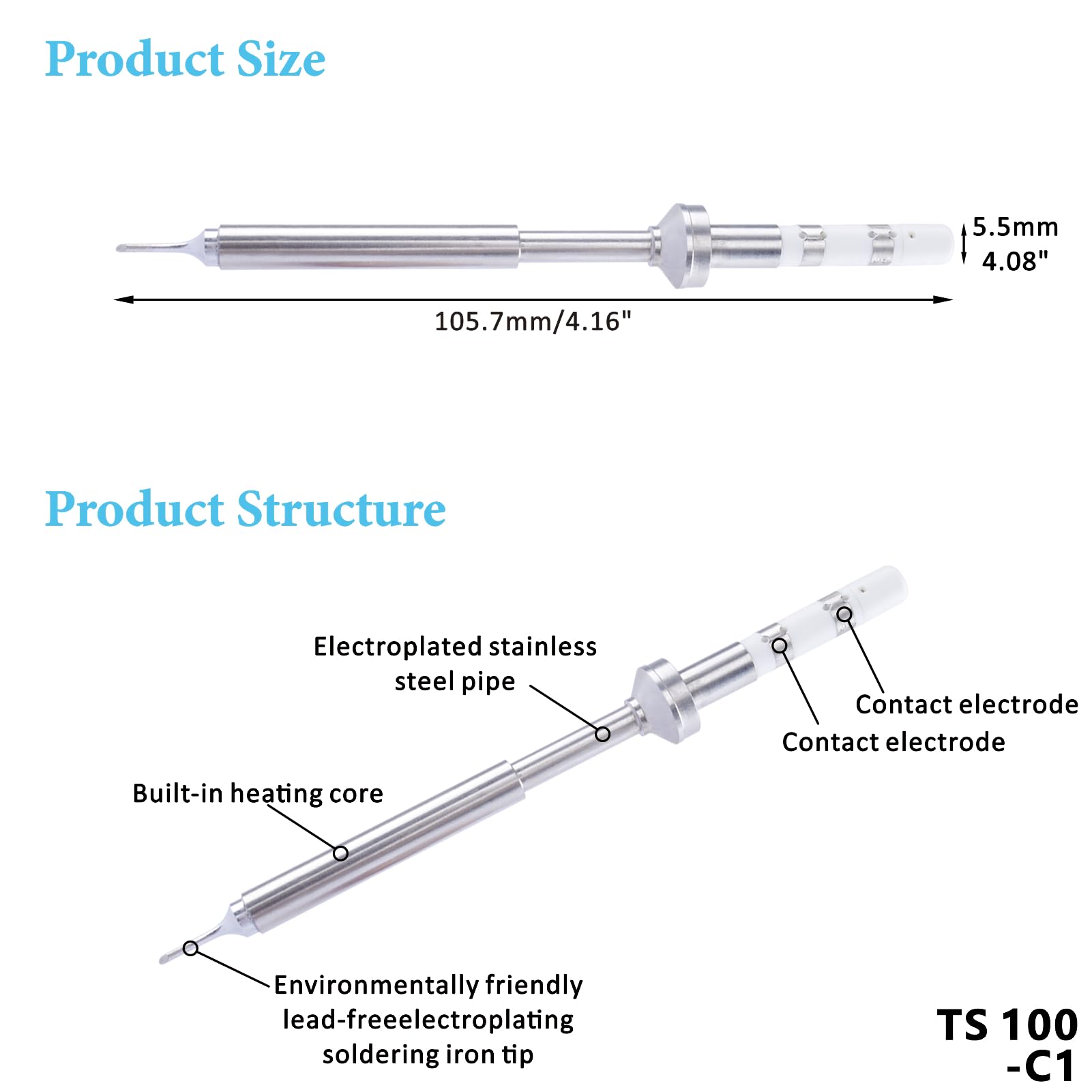 TS100-C1 - Puntas de soldadura de repuesto de calentamiento rápido compatibles con soldadores TS100, TS101, Pine64 y Pinecil, soldadura precisa fácil de instalar