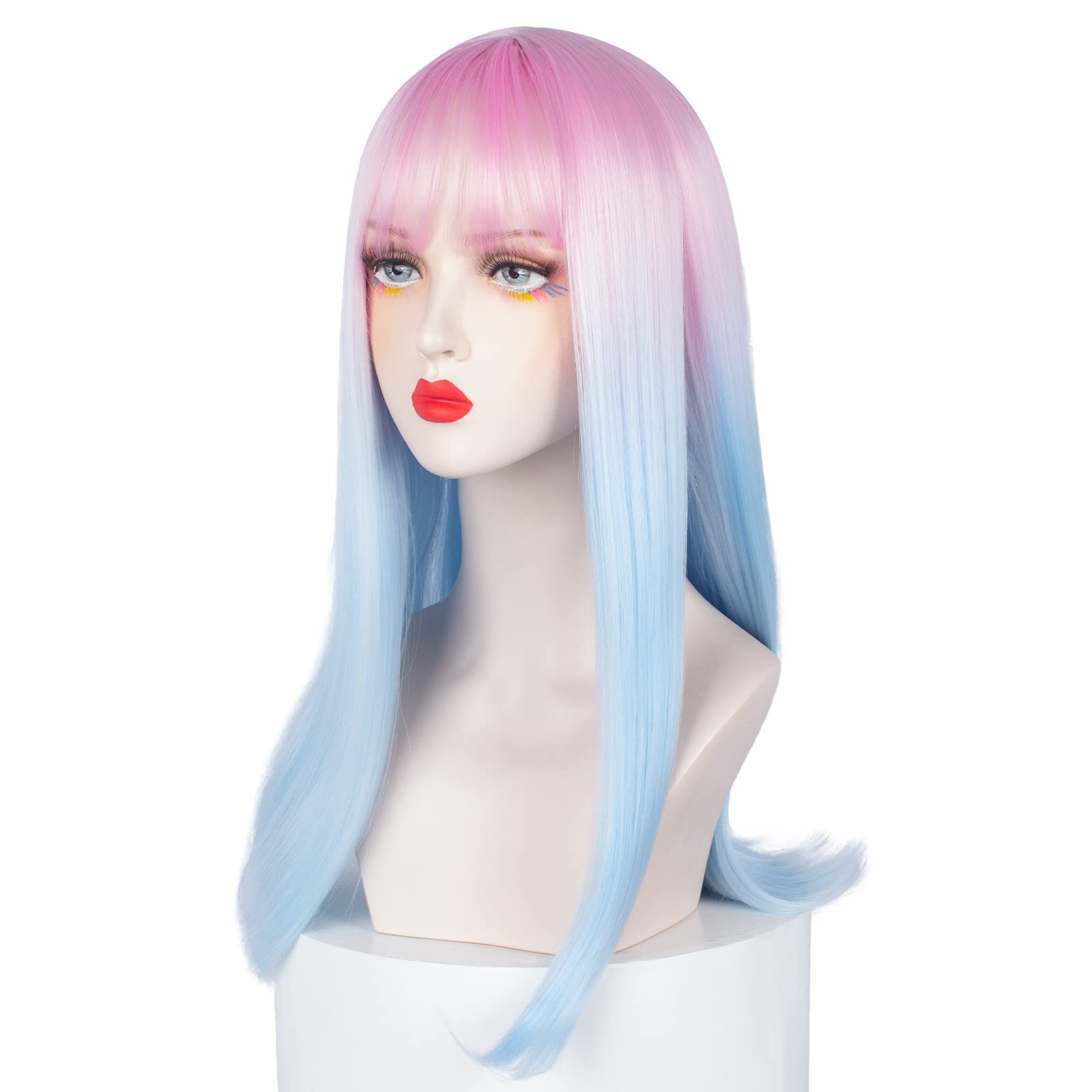 Askuang Light Pink Blue Ombre Wig with Bangs Long Straight Pink Ombre Light Blue Wig for Women Girls' Synthetic Gradient Fairy Kawaii Cosplay Wig Halloween Costume Bachelorette Party