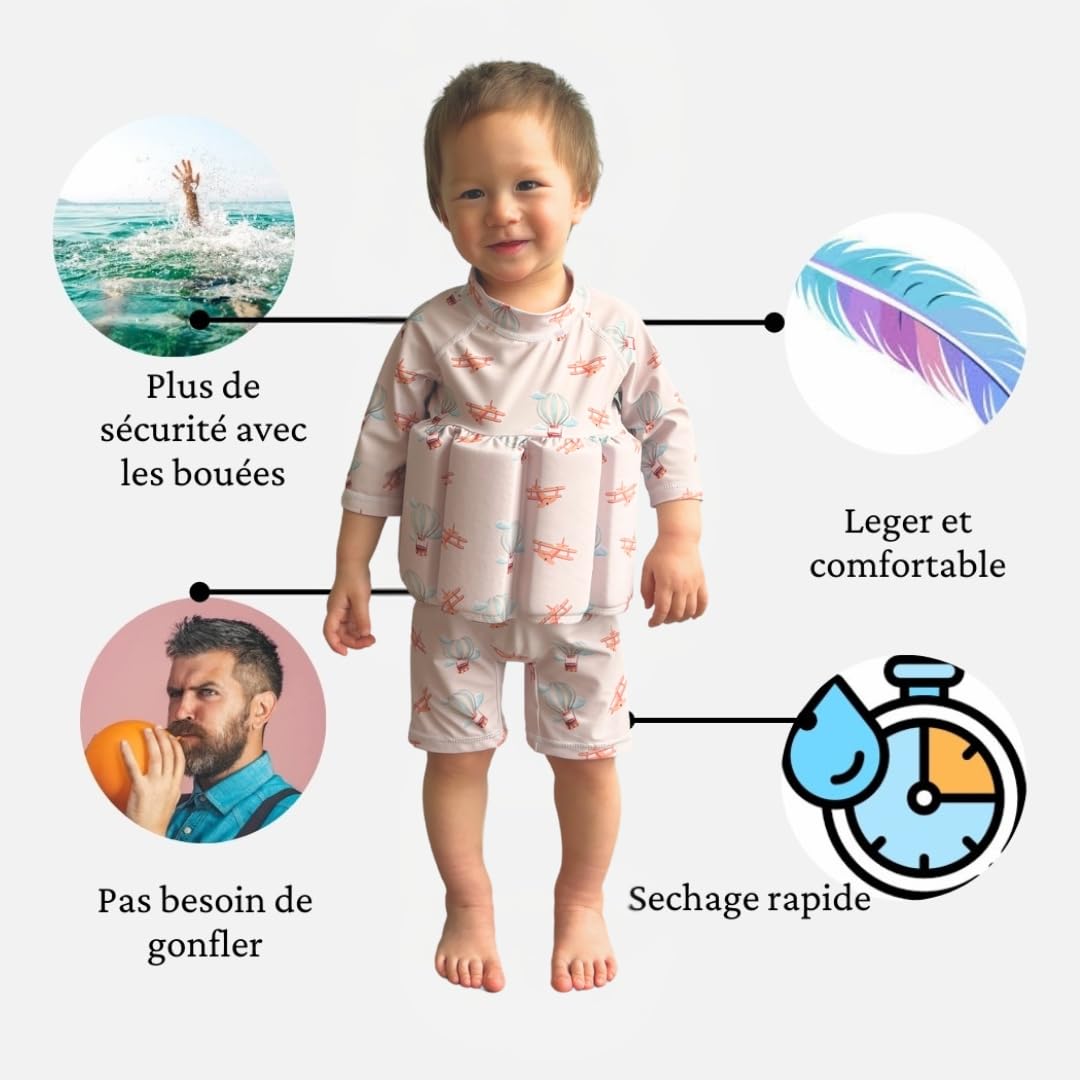 Maillot de Bain Enfant garçon Une pièce Aide à la flottabilité, Flotteurs retirables pour sécurité Confiance, Protection Anti-UV+, Motif Montgolfières Avions, Combinaison Manches Longues, Vintage