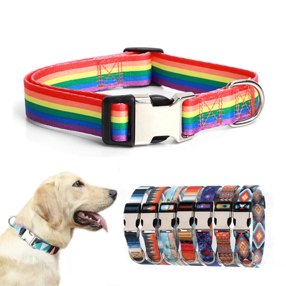 Soft Durable Dog Collar with Metal Buckle, Quick Release Puppy Collars Adjustable for Small Medium Large Pet Dogs and Kitten Cat Rainbow M