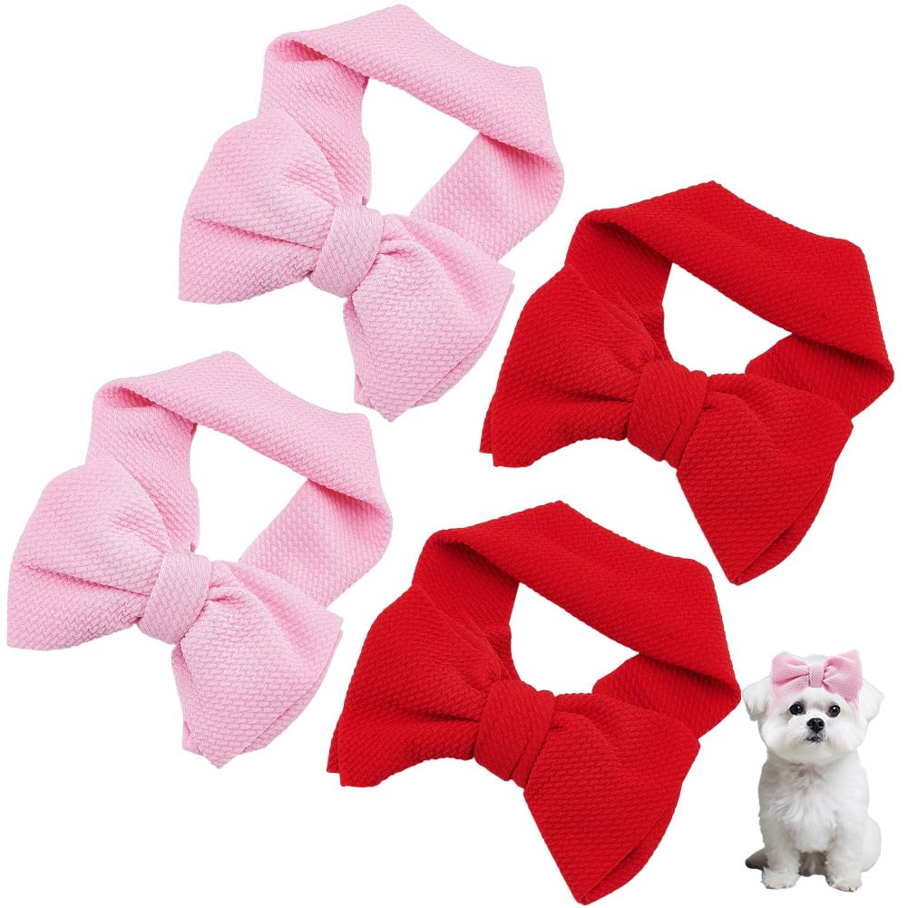 GORGECRAFT 4Pcs 2 Colors Dog Stretchy Headband Pet Cute Large Bow Headbands Soft Polyester Bowknot Headgear Headdress Head Cover Decorative Head Accessory for Pets Costume Puppy Cats Birthday Pink Red