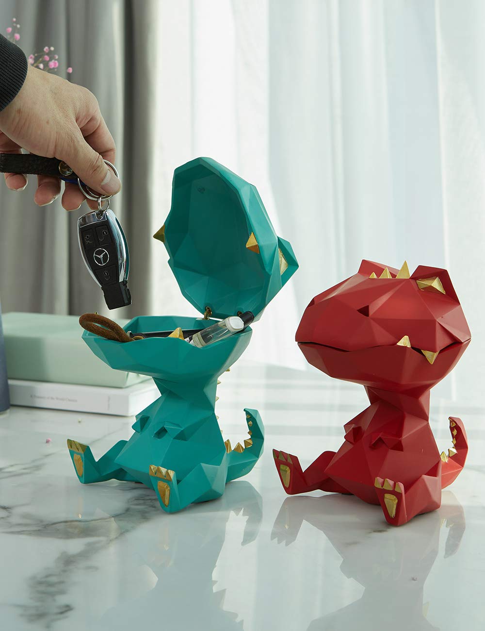 HAUCOZE Cuenco de Dulces Dinosaurio Jarra de Galletas Escultura Decorativa Moderna Arte Hogar Regalo para Familiares Amigos Amantes Verde 18cm