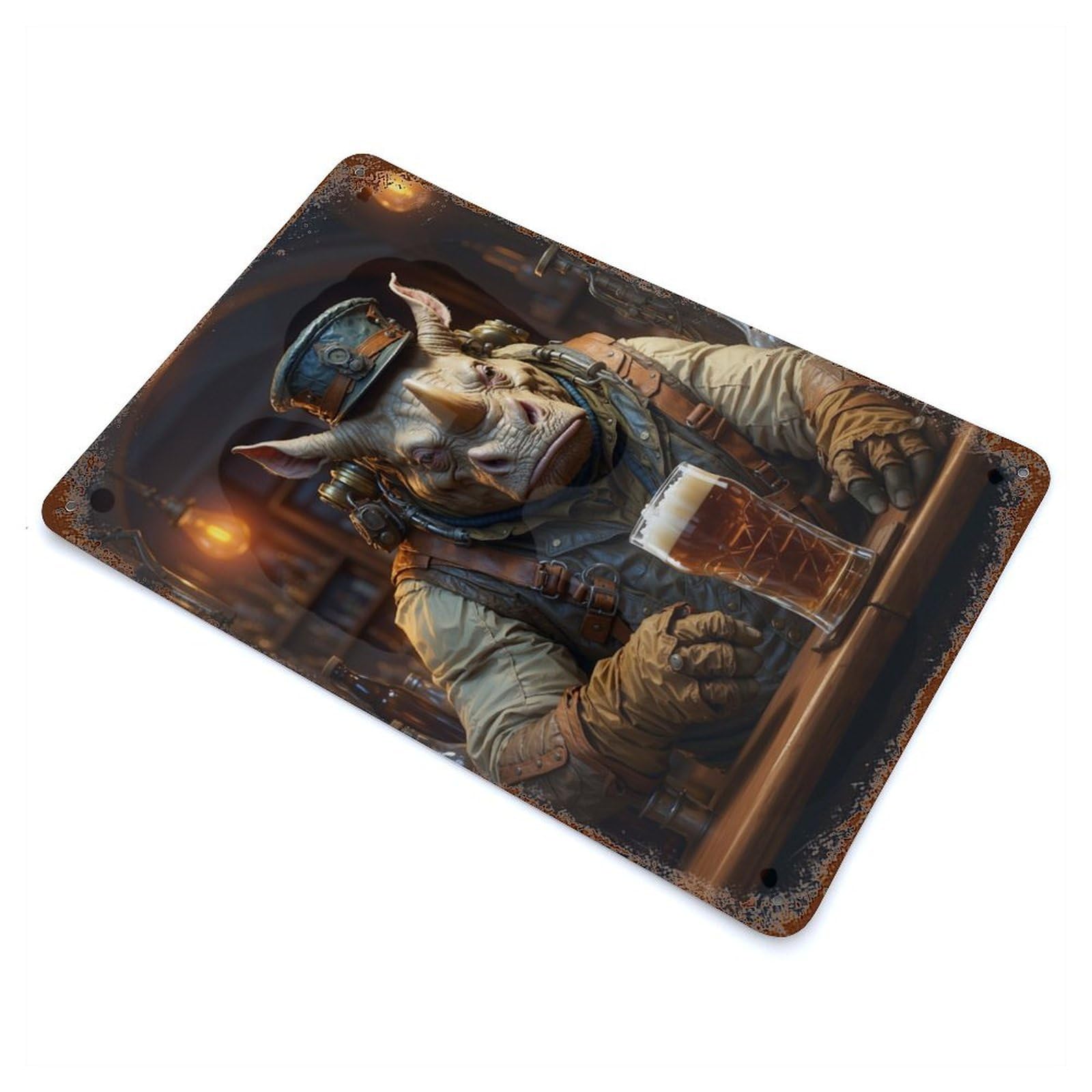 Steampunk Craft Beer Rhino Weathered Tin Sign 11.8"x7.9", Classic Wall Plaque for Patio, Garden Room And Bar Decor