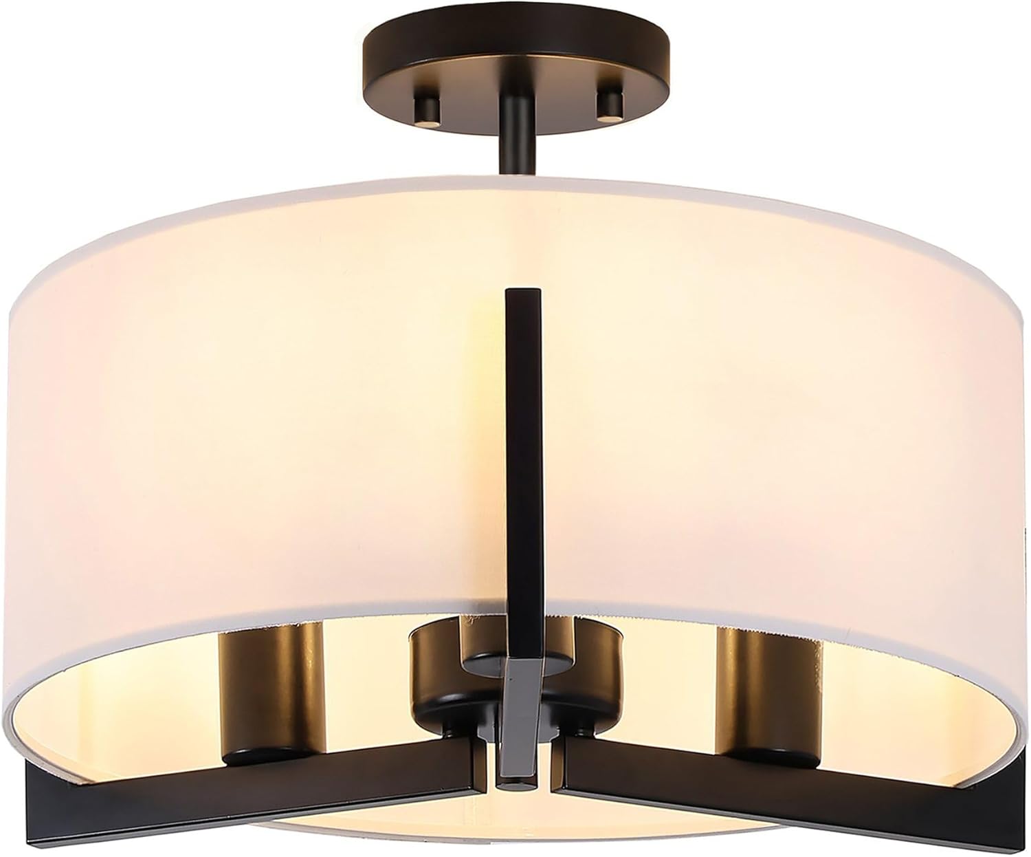 16 inch Semi Flush Mount Ceiling Light: 3-Light Black Modern Light Fixtures Ceiling Mount with Drum Fabric Shade, Close to Ceiling Lamp for Bedroom, Kitchen, Entryway (Bulb Exclude) 16in Matte Black