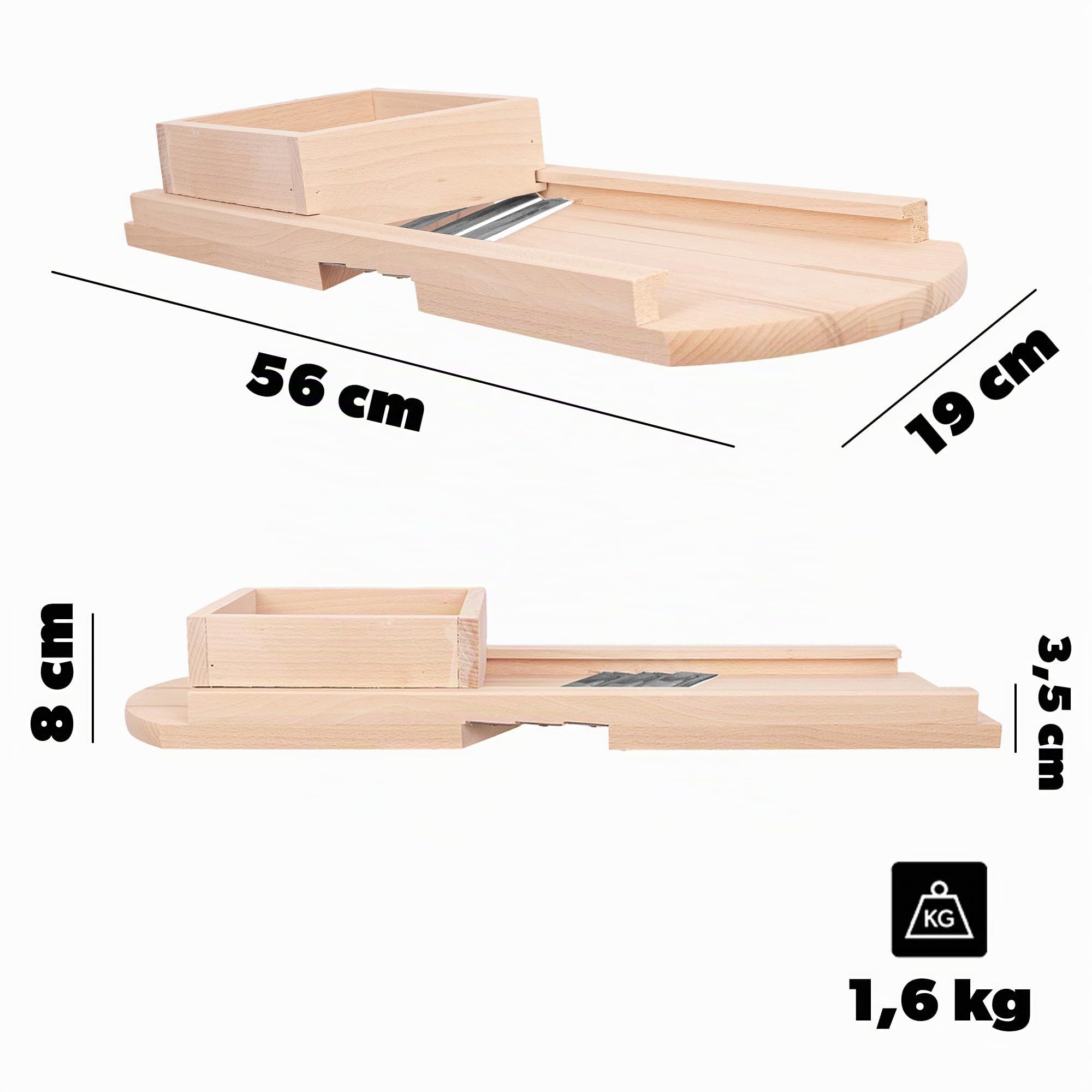 KADAX Gemüsehobel aus Holz, Krauthobel mit 3 scharfen Edelstahlklingen, Gurkenhobel, traditioneller Kohlhobel, Küchenhobel für Gemüse, Gurkenreibe (56 x 19 cm)