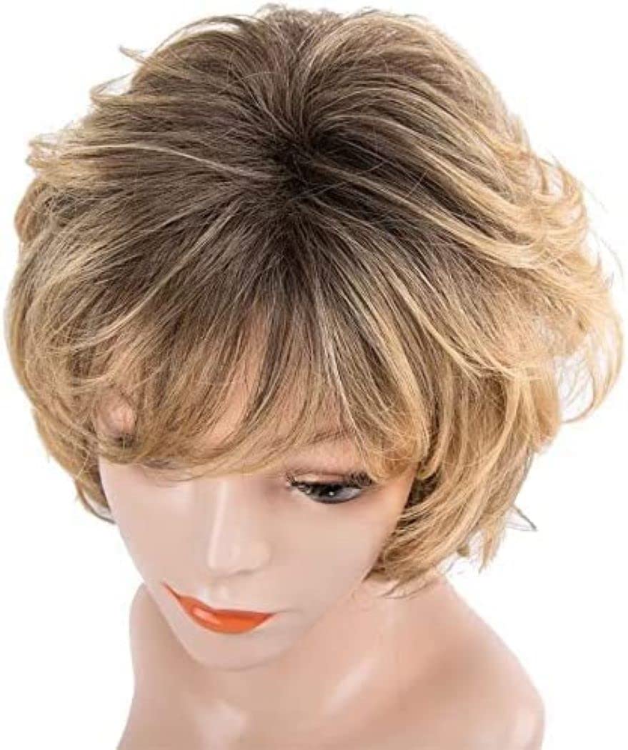 Encantadora peluca sintética para mujer, pelo corto, pelo dorado, resistente al calor, peluca de repuesto, resistente al calor, disfraz, cosplay, fiesta, pelucas (Oro degradado)
