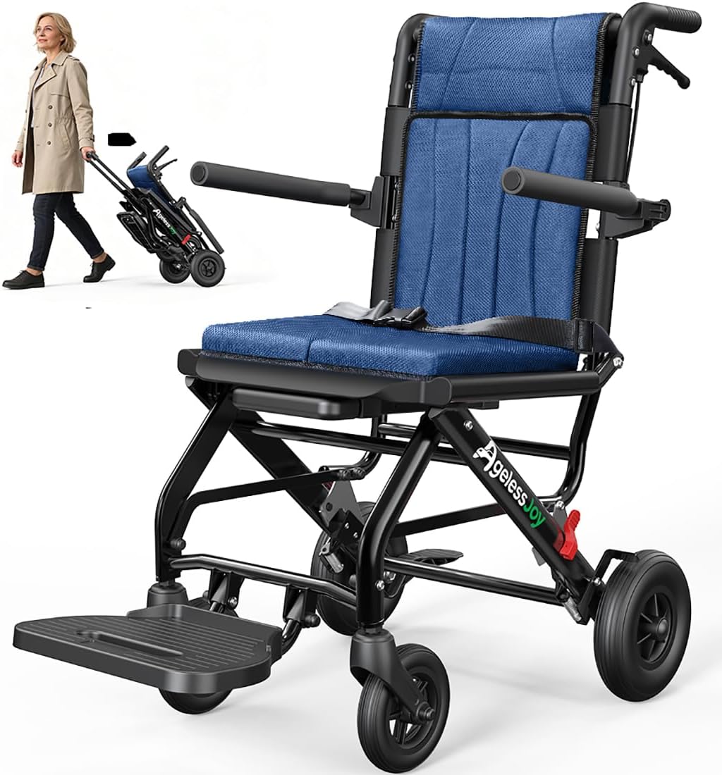 Wheelchair for Adults Transport Chair Lightweight Foldable with Telescopic Handle, 20 Lbs Compact Portable Folding Travel Wheel Chairs for Seniors(Blue)