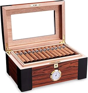 Large Capacity Cigar Humidor, Handcrafted Cigar Box in Cedar Wood Lined, Glossy Humidor with Hygrometer Humidifier, Cigar Gifts for Men, Holds 100 Cigars