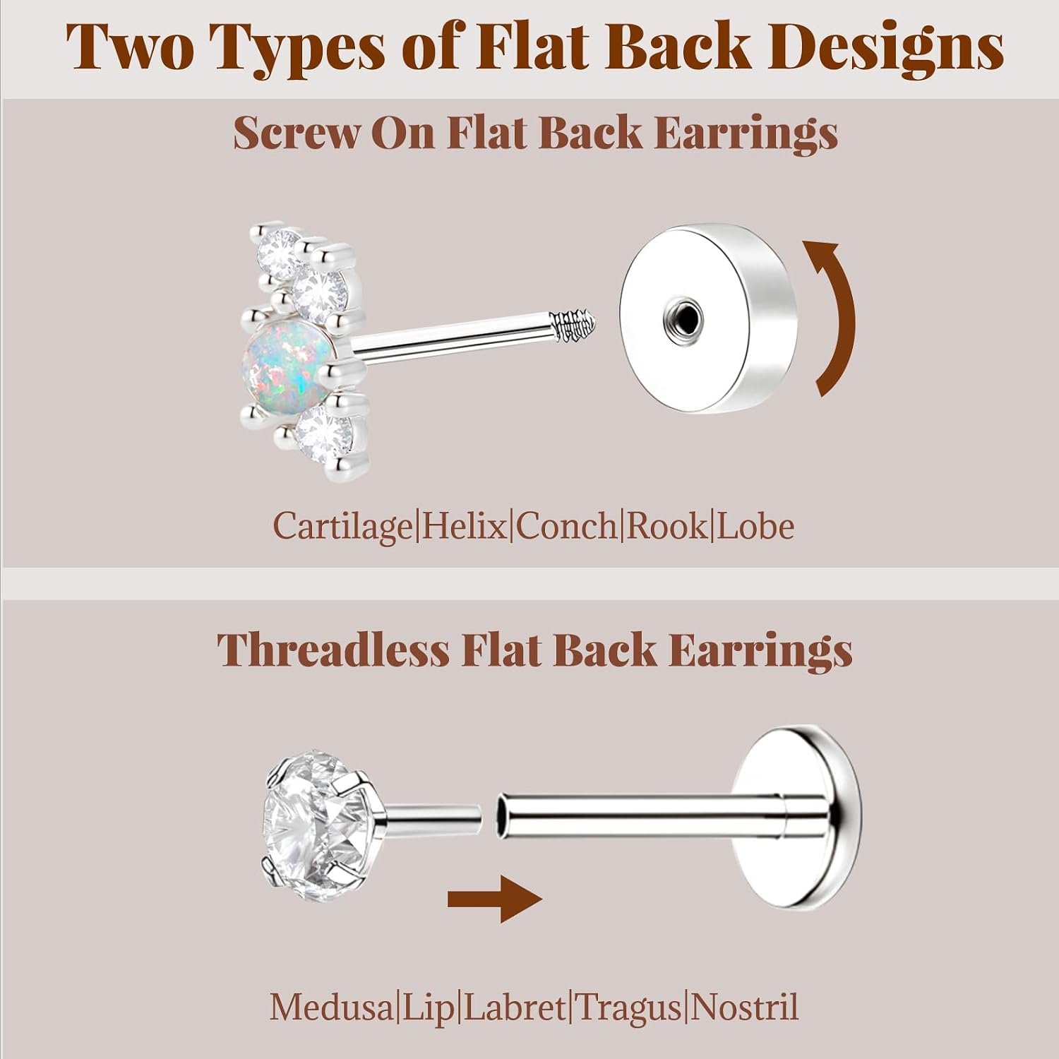 Flat Back Earrings Hypoallergenic Sterling Silver Plated Cartilage Earrings for Women Hoops Flatback Stud Earring Sets Threadless Conch Cartilage Lobe Helix Tragus Piercing Jewelry