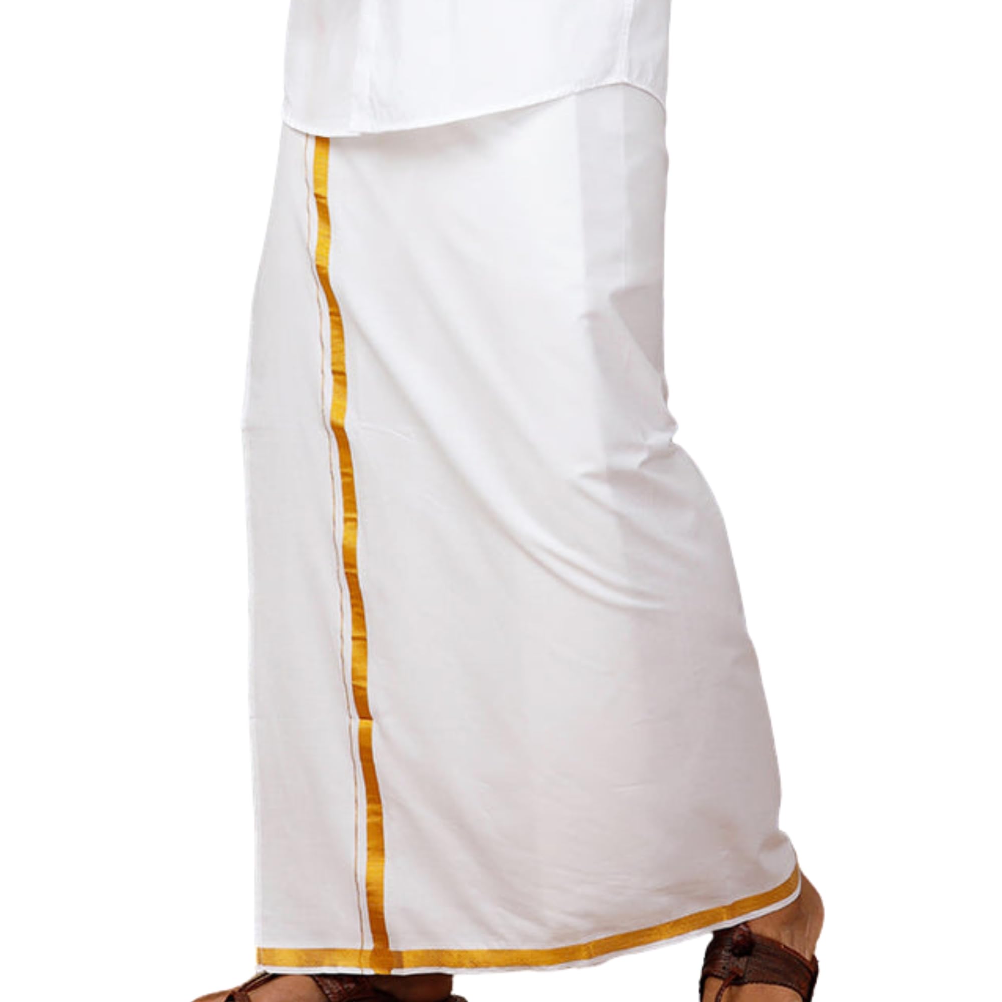 COTTONISM Men's 100% Pure Cotton White With Gold Jari Lungi in Size 2 Mtrs Single Dhoti - Pack Of 1
