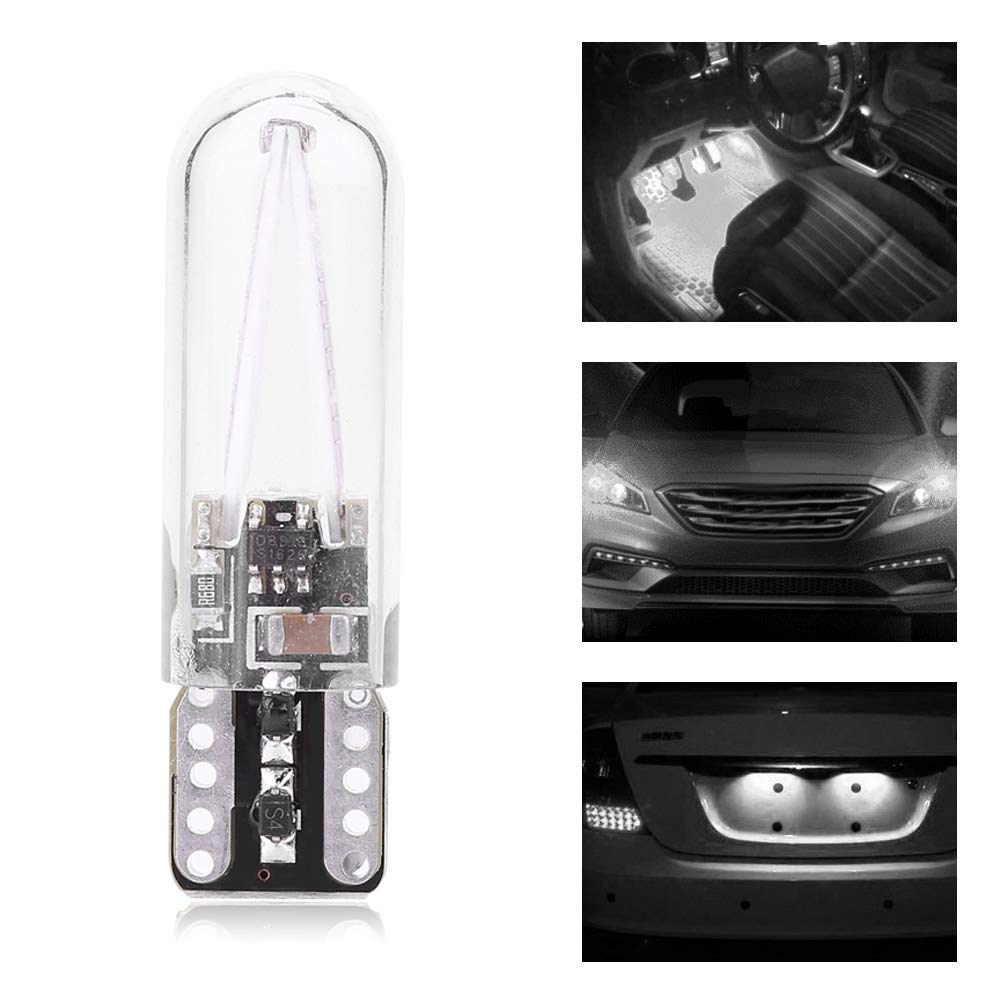 Akozon 2szt Car LED Czytanie wnętrza DRL Żarówka LED kierunkowskazu 8-28V W5W T10 Szklana żarówka COB (białe światło)