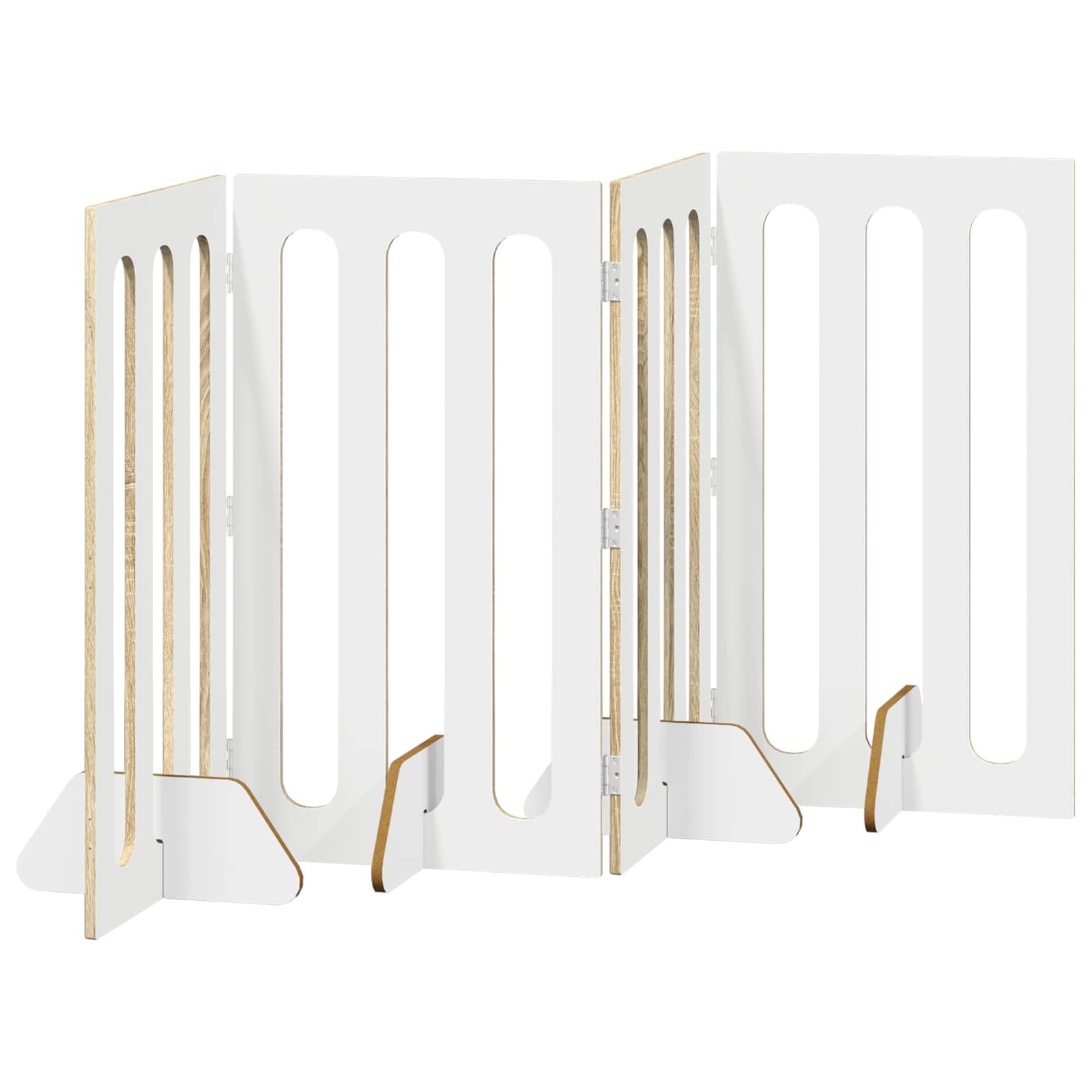 Valla plegable para mascotas de madera de roble Sonoma, 4 piezas, 201 x 38 x 90 cm, con paneles plegables flexibles giratorios 180 grados, protección segura para perros, cachorros, interiores