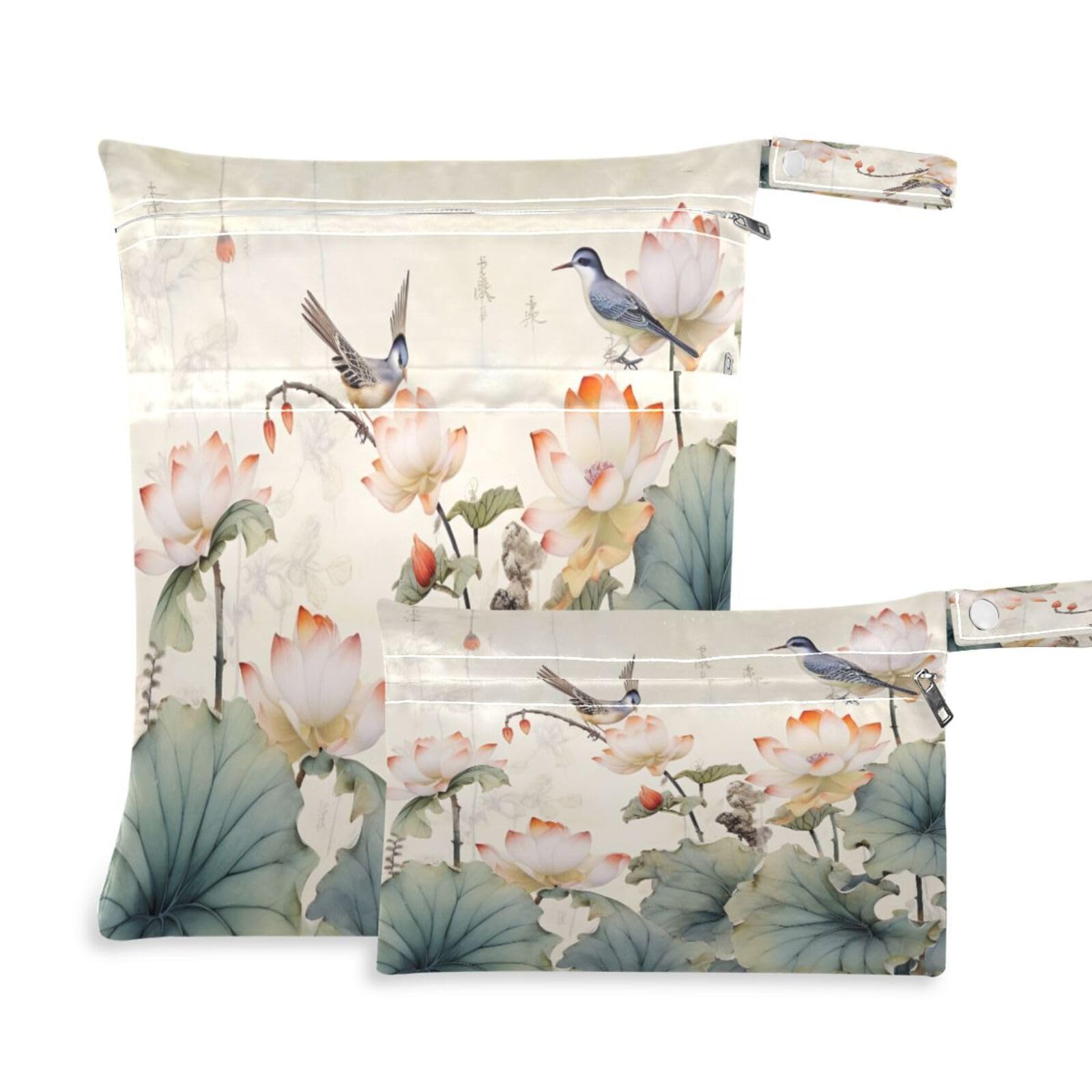 ATTX Chinese Hummingbirds Florals Wet Dry Bags 2-Pack - Reusable Cloth Diaper Storage for Travel, Beach & Gym | Multi-Use Waterproof Bags for Swimsuits, Baby Clothes, Sports Gear#193