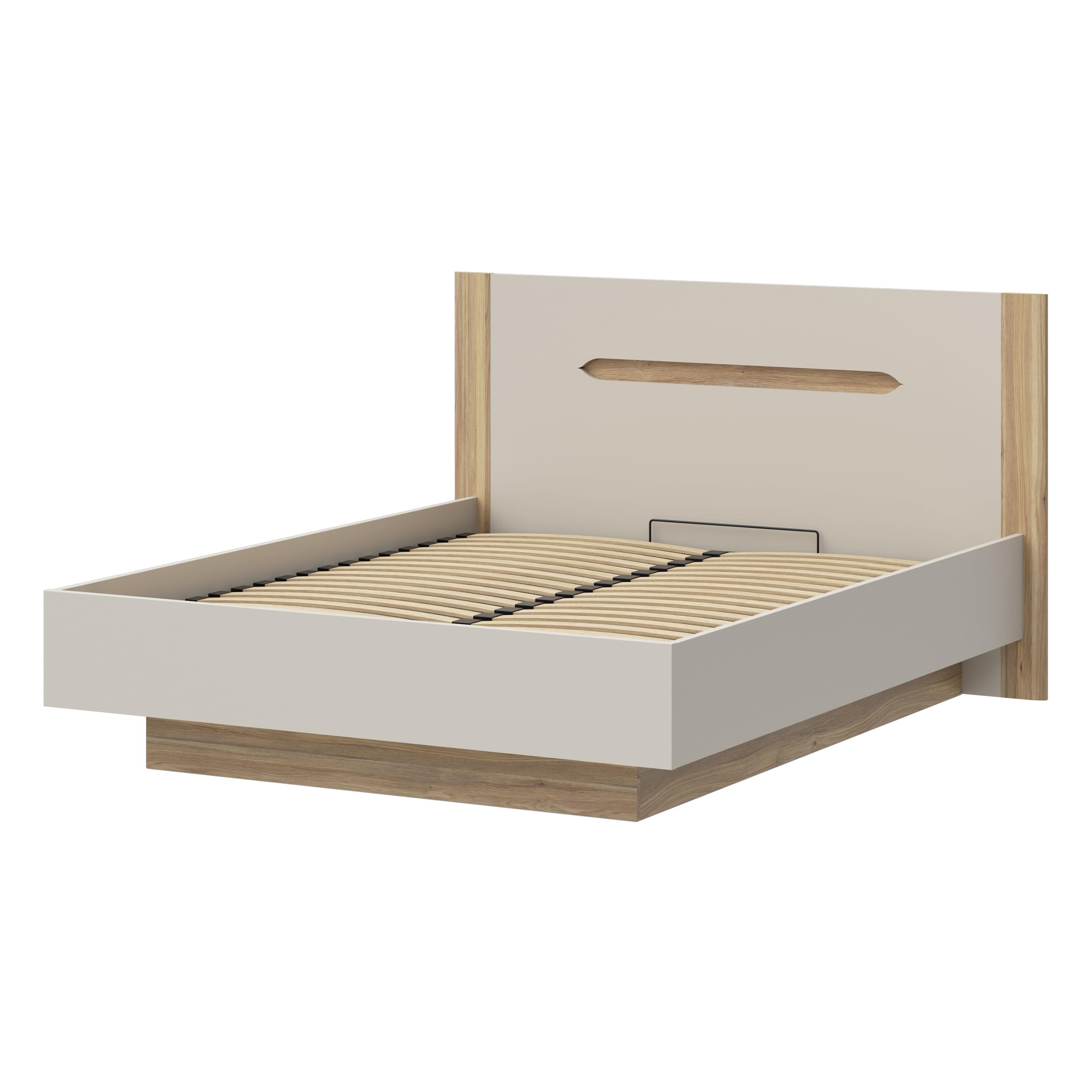 Forte EDWAL Bett Liegefläche 160 cm, modernes Bettgestell mit Stauraum unter dem Lattenrost, Holzwerkstoff, Kaschmir |Beige Holzdekor, 176,2 cm breit x 105,7 cm hoch x 206,6 cm tief