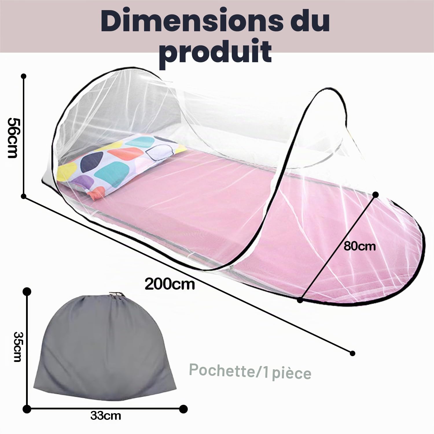 Moustiquaire Pop-up Pliable de Voyage 200 x 80 x 56 cm, Ultra Légère pour Lit Simple et Utilisation Enfants