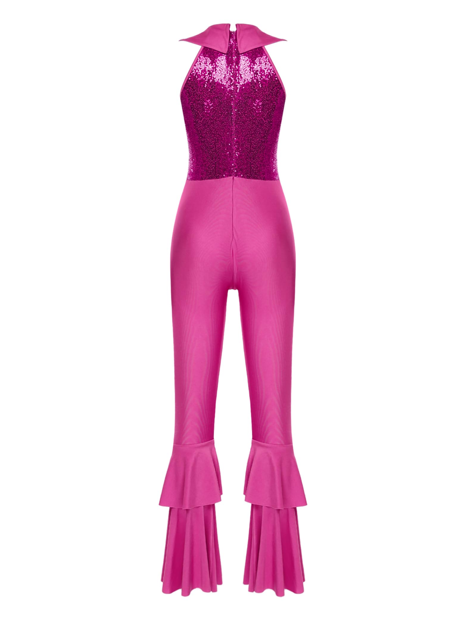 Yhong Justaucorps de Danse Disco pour Femmes, Combinaison sans Manches à Paillettes, Fermeture Éclair, Bas Cloche, Salopette, Ensembles de Pantalons Rose vif S