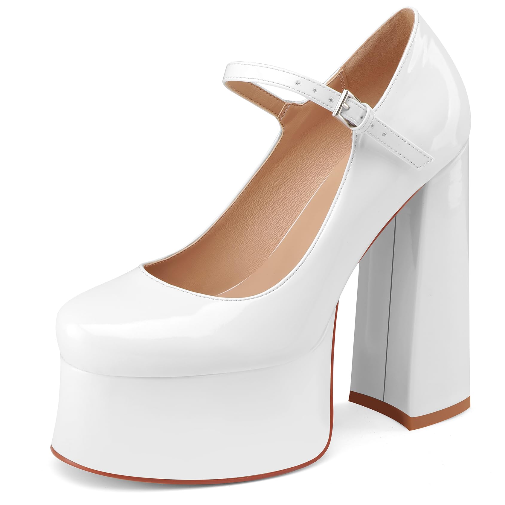Women's Dressy Platform Chunky High Heels Patent Leather Ankle Strap Closed Toe Heeled Mary Jane Pumps Shoes