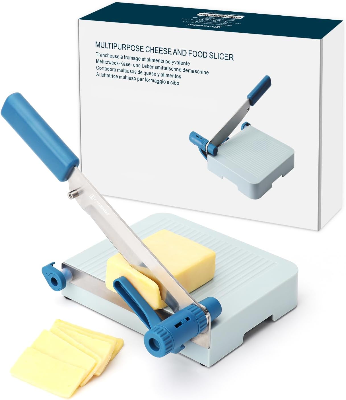 KITCHENDAO Multipurpose Cheese Slicer Cutter with Board for Arthritic and Weak Hands, Adjustable Thickness Dial for Block Cheese, Effortless Slicing, Guillotine Sausage Ham Biltong Jerky Slicer KITCHENDAO Multipurpose Cheese Slicer Cutter with Board for Arthritic and Weak Hands, Adjustable Thickness Dial for Block Cheese, Effortless Slicing, Guillotine Sausage Ham Biltong Jerky Slicer