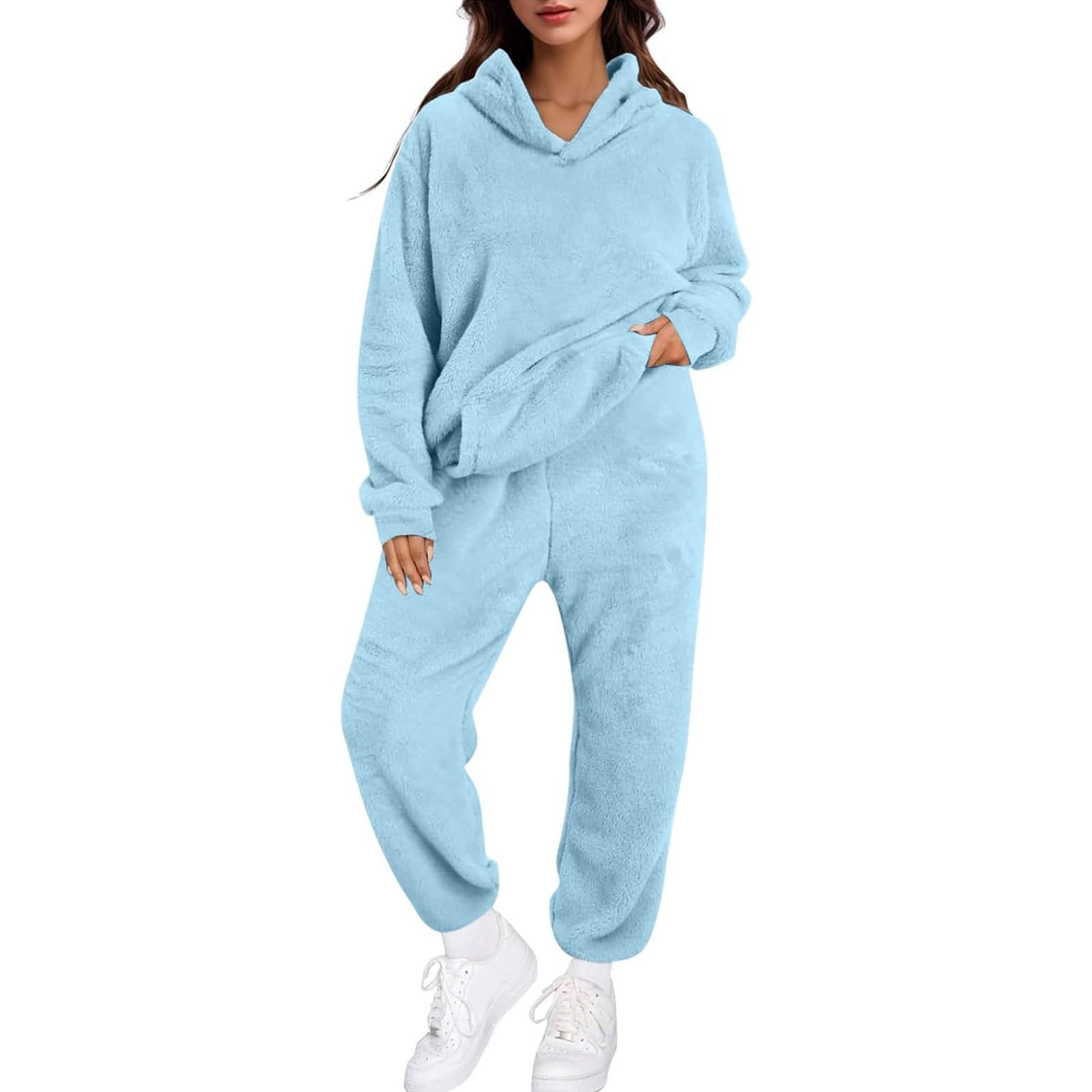 Generisch Traje de casa para mujer con capucha y bolsillos, suave y grueso, pijama de un solo color, traje de felpa, traje térmico, traje de ocio largo, conjunto cómodo de dos piezas de invierno