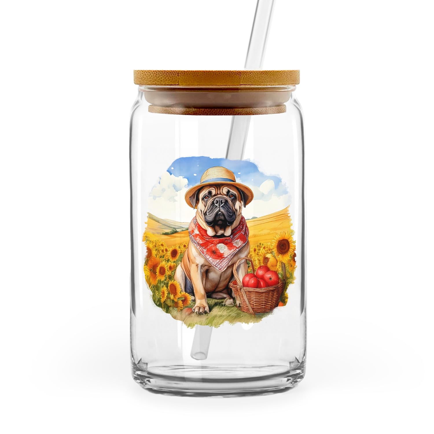 Ninety3POD Vintage Bullmastiff Says Hello Mother's Day Summer Sunflower Field Glass Cup Mug Dog Lover 16oz Glass Can with Bamboo Lid and Straw 12005