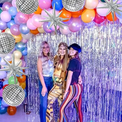 Image of TONIFUL 8 Pcs 22Inch Disco Large 4D Giant Round and Star Balloons Explosion Star Mylar Balloons Set for Backdrop Christmas New Year Birthday Wedding Bridal Shower Anniversary Photo Booth Supplies