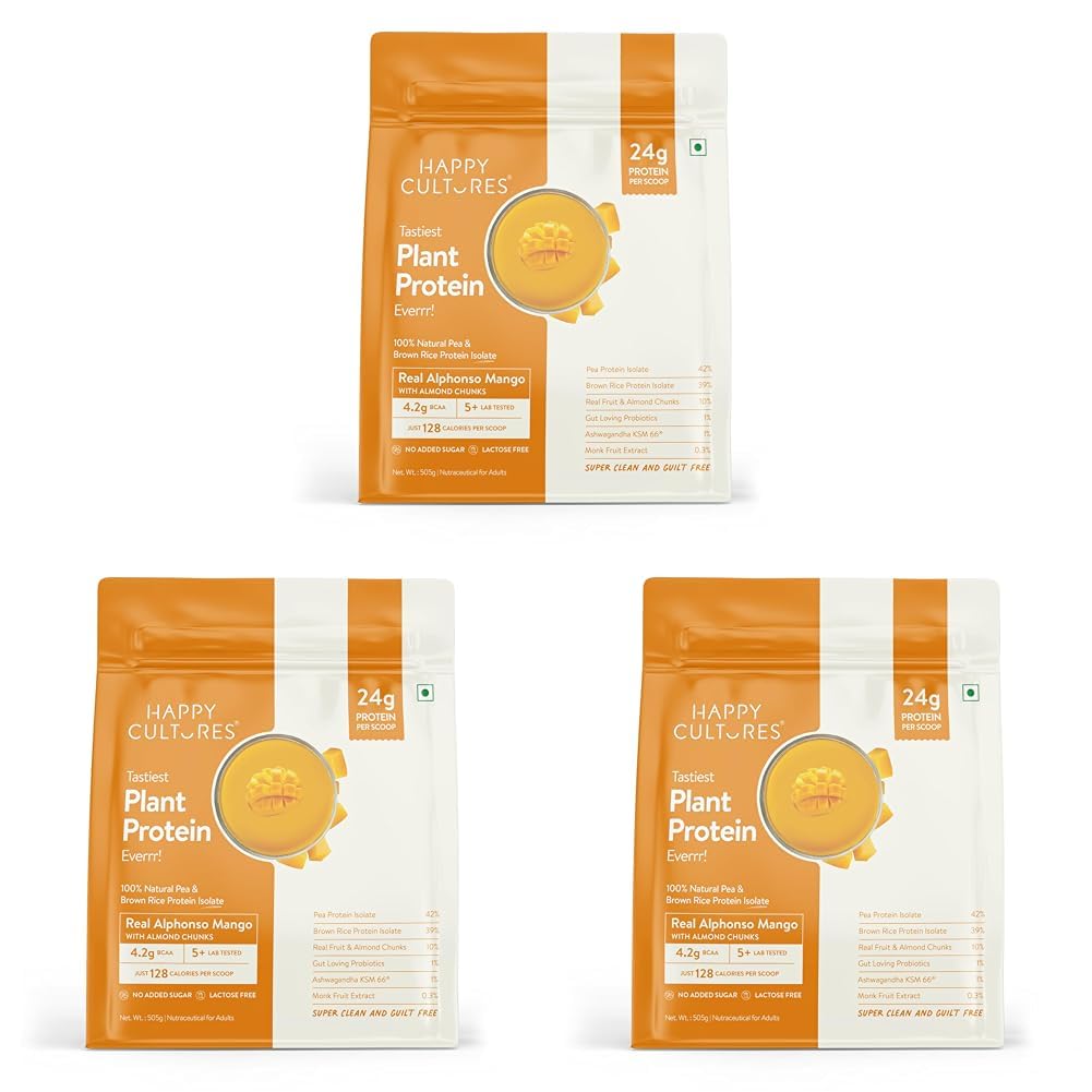 Happy Cultures 24g Tastiest Plant Protein| Real Alphonso Mango, Almond Chunks & Ashwagandha (KSM 66) |Pea & Brown Rice Protein Isolate| No Added Sugar| Vegan| 18 Complete Amino Acids | Monk Fruit Extract| Women & Men| No Bloating, Easy to Digest| Dairy Free with Probiotics - 505g-image-47